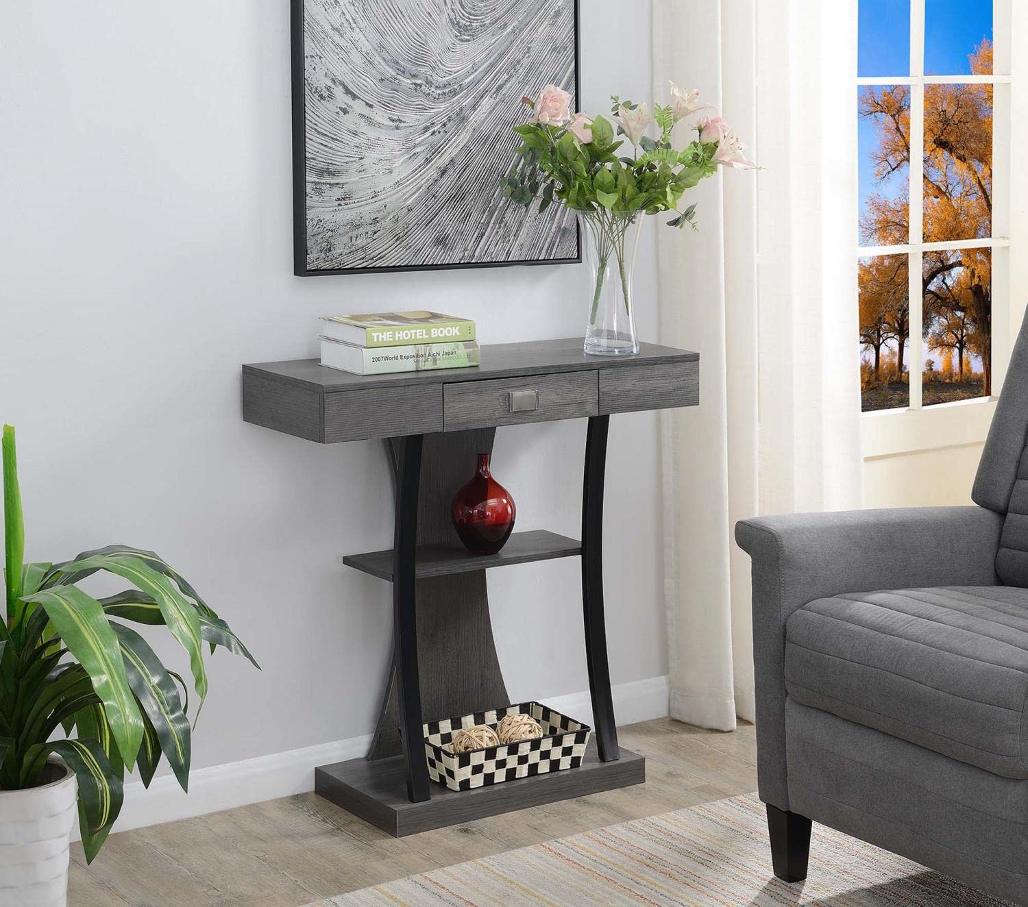 Convenience Concepts Newport 1-Drawer Harri Console Table with Shelves, Charcoal Gray - Entryway, Living Room & Hallway Storage Solution