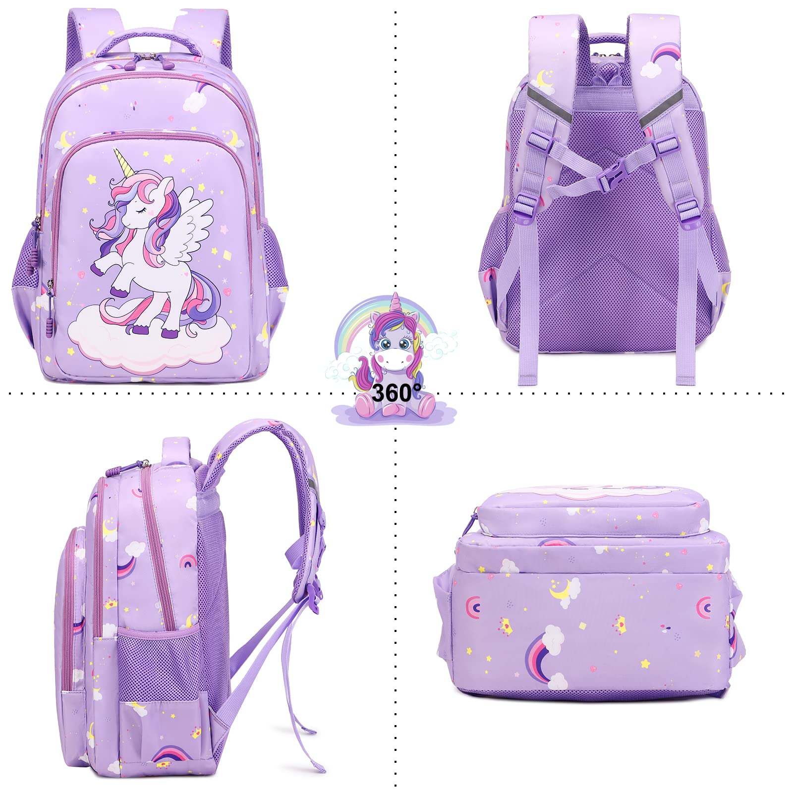 Unicorn Backpack for Girls - 3 in 1 School Bookbag Set with Pencil Case & Lunch Box | Cute Elementary Backpack for Kids | Perfect for School, Travel & Daily Use