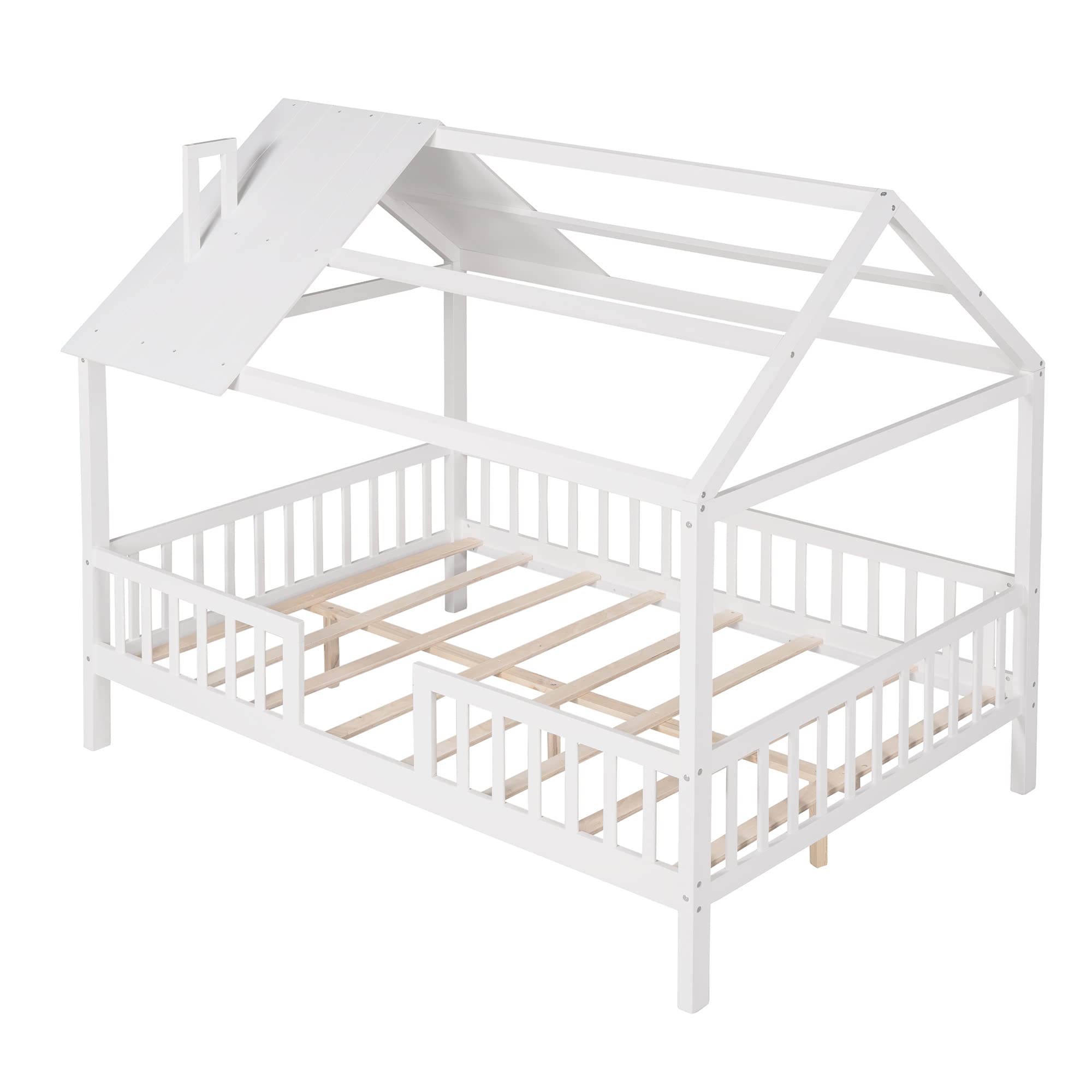 **MERITLINE Full Size Montessori Playhouse Bed - Solid Wood Platform Bed Frame with Fence & Roof for Kids, Teens & Adults - White - Perfect for Playrooms, Bedrooms & Montessori Learning Spaces**