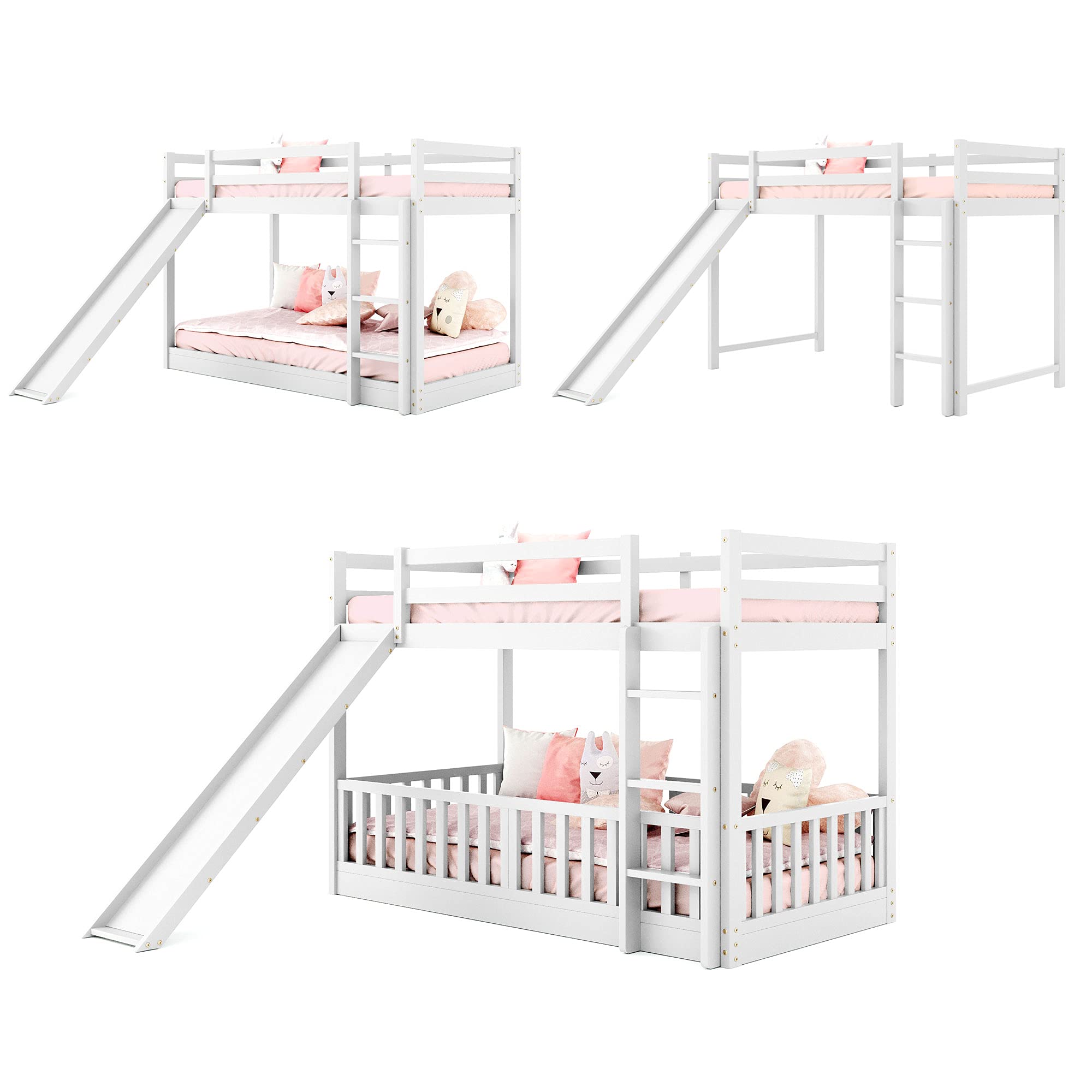 RUNNA Twin Over Twin Wood Bunk Bed with Convertible Slide & Ladder - Space-Saving Kids Bunk Bed Frame with Full-Length Guardrail - White & Wood Finish - Perfect for Small Bedrooms, Kids' Rooms & Shared Spaces