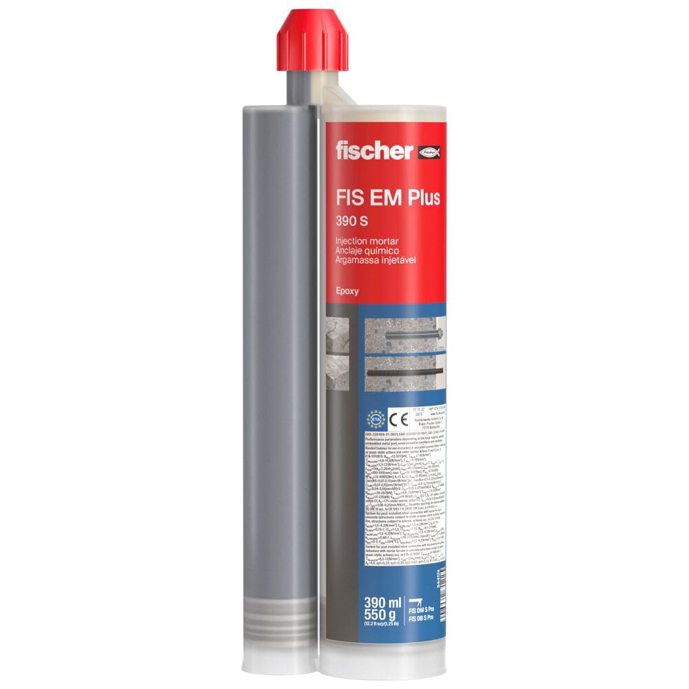 FIS EM Plus 390ml (13.2 Oz) Fischer Injection Mortar - High Strength Chemical Anchor for Cracked & Uncracked Concrete - Universal Construction Adhesive - 6 Pack with 12 Mixer Nozzles - Ideal for Structural Repairs, Concrete Fixing & Heavy Duty Anchoring