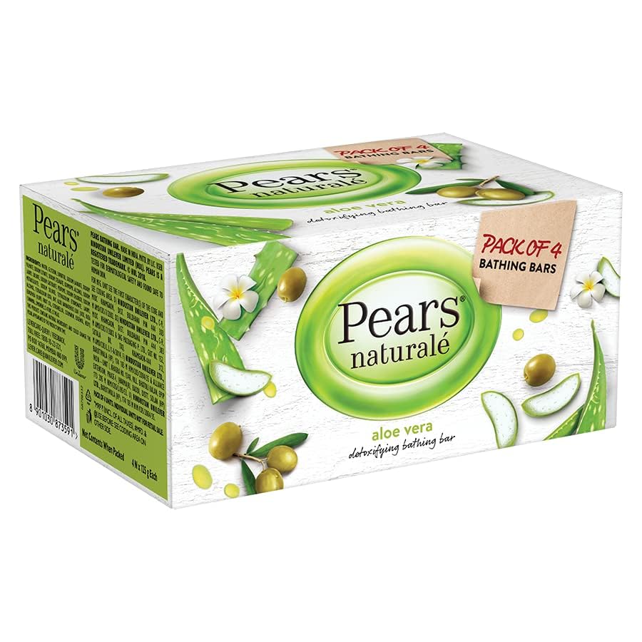 Pears Naturalé Aloe Vera Detoxifying Soap Bar - 125g (4 Pack) - Gentle Cleansing for Sensitive Skin, Acne & Body Care - Perfect for Daily Use, Travel & Gym