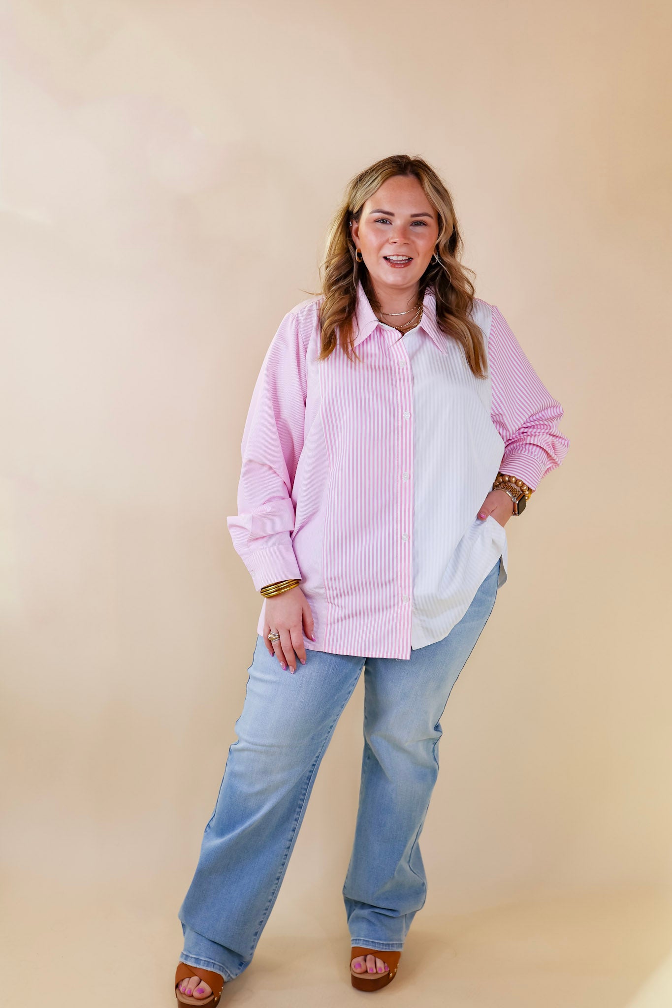 Pink and White Pin Stripe Color Block Button Up Top for Women | Stylish Casual Blouse for Office, Date Night & Everyday Wear