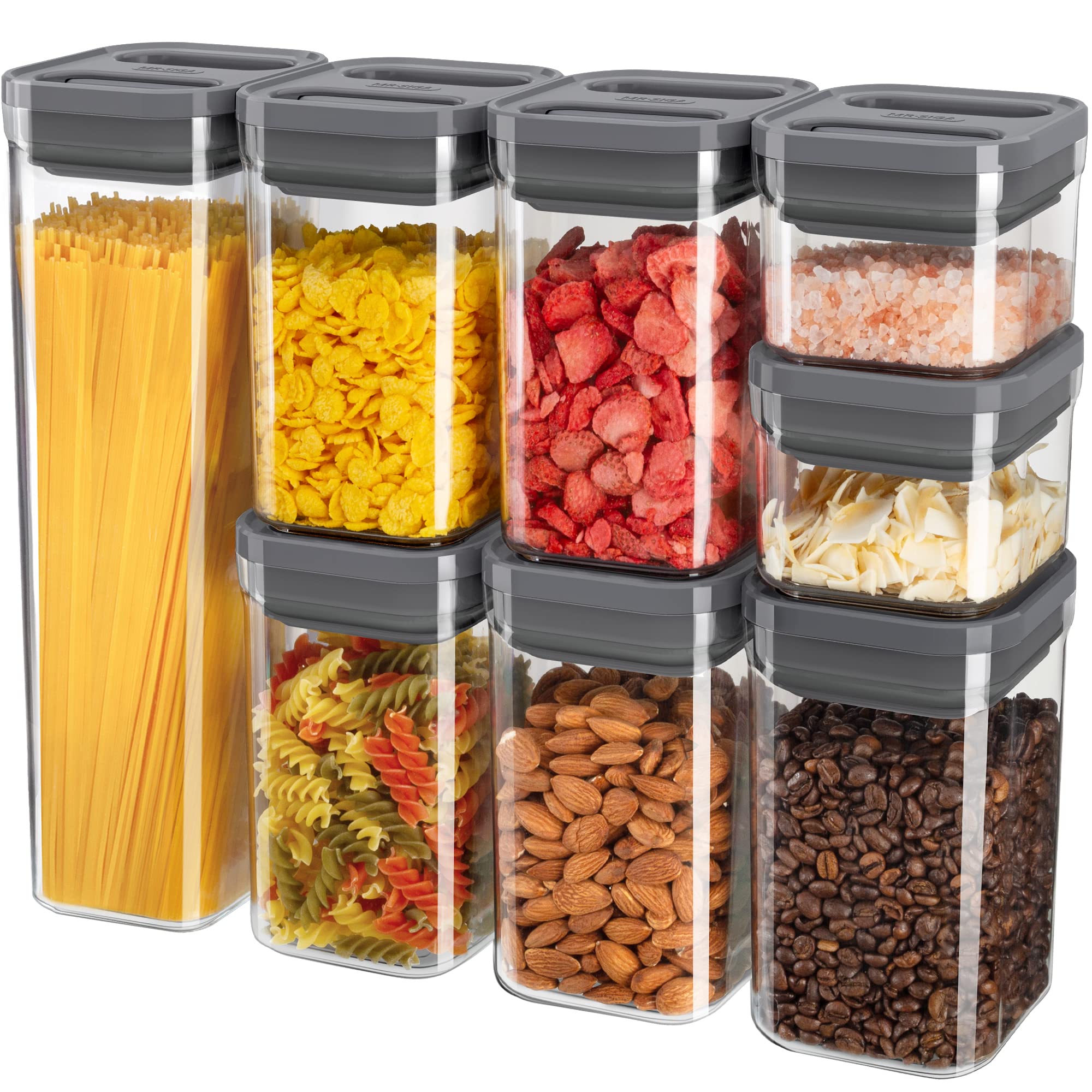 MR.SIGA 8-Piece Airtight Food Storage Container Set - BPA-Free Plastic Kitchen Canisters with Lids for Cereal, Pasta, Spaghetti & Dry Food - Perfect for Pantry Organization & Space Saving (Gray)