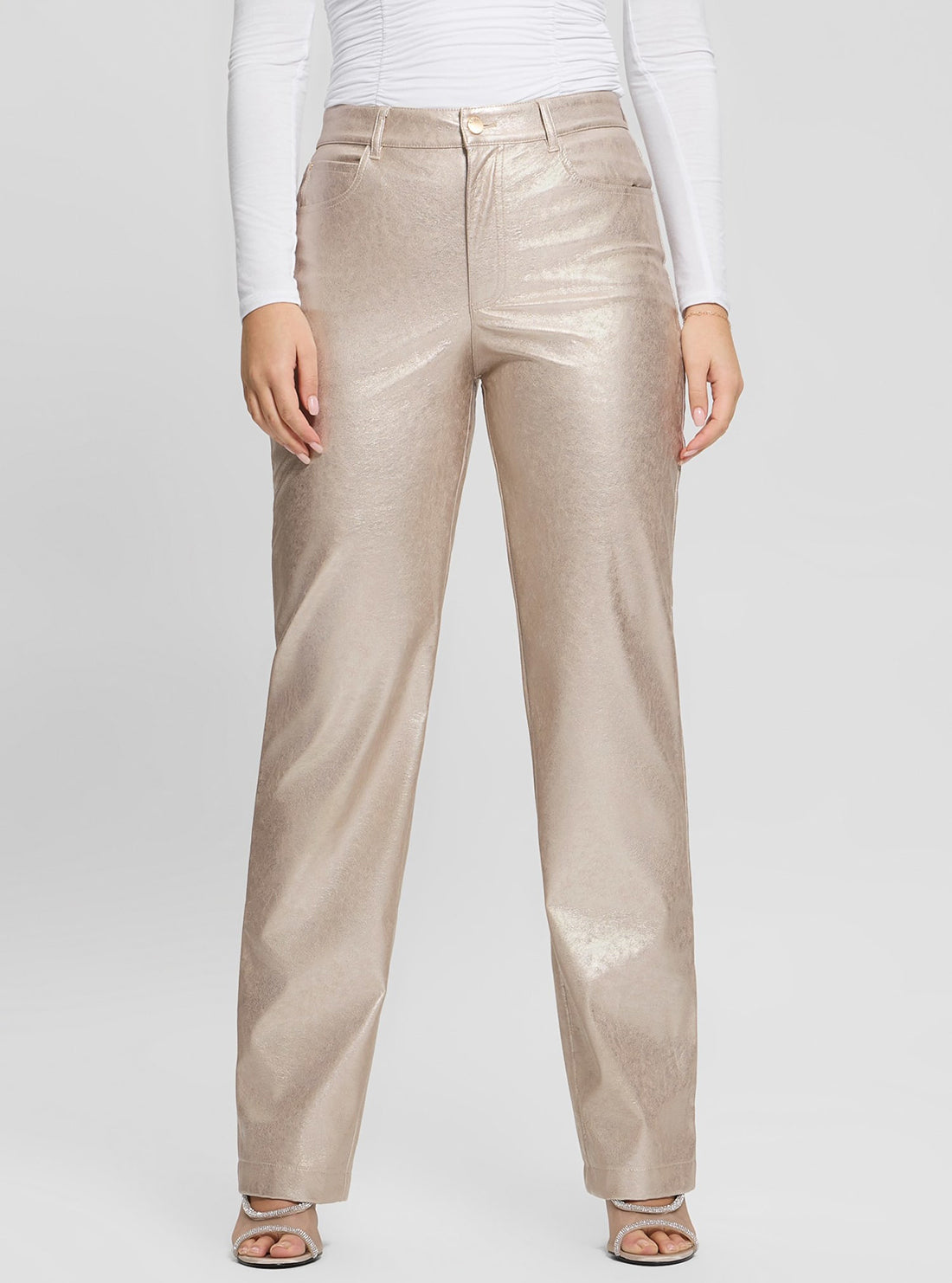 Beige Ambra Metallic High-Waisted Pants for Women - Trendy Shiny Office & Party Trousers - Perfect for Work, Night Out and Special Occasions