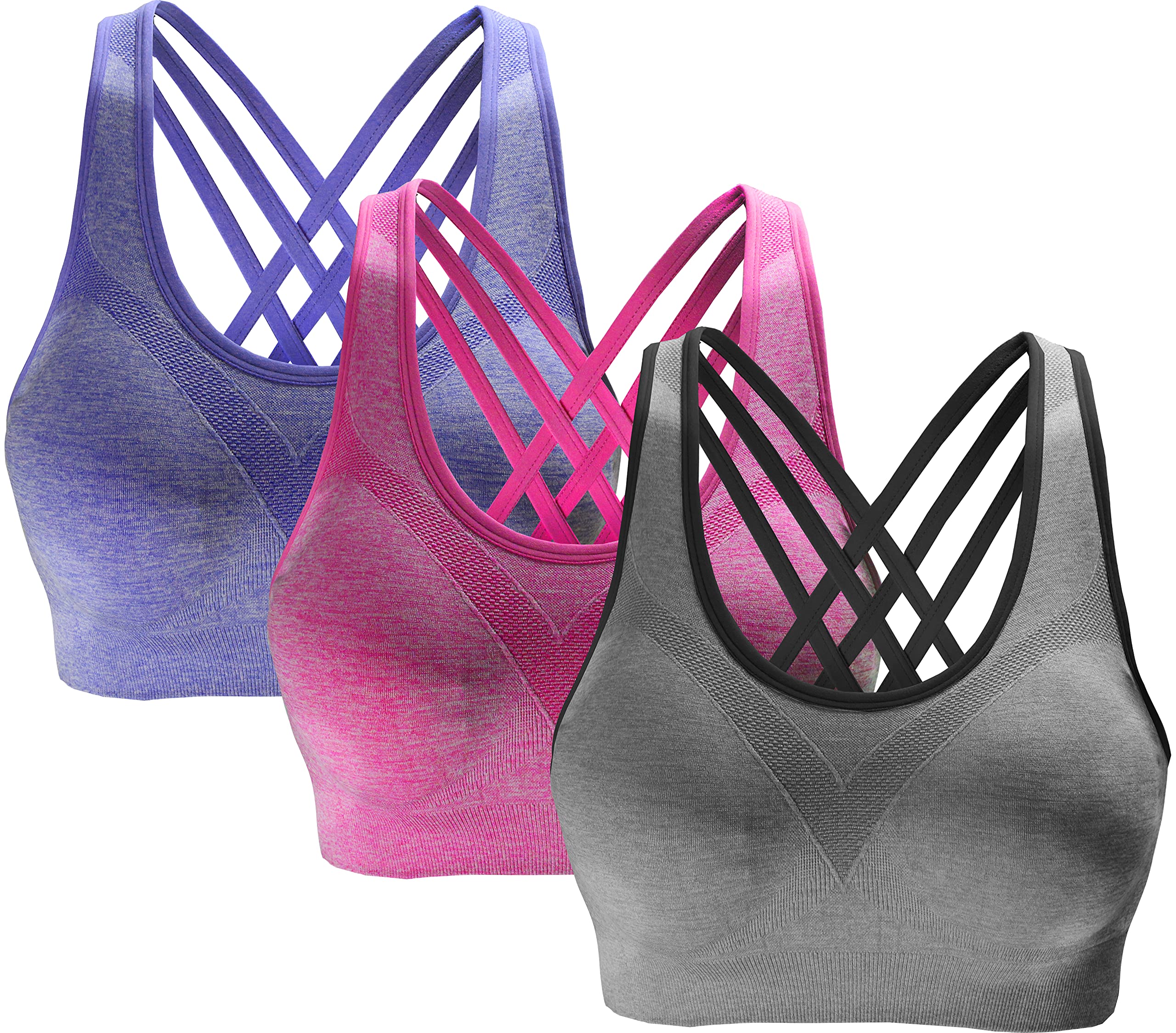 AKAMC 3 Pack Women's Medium Support Cross Back Wirefree Sports Bra with Removable Cups - Perfect for Yoga, Pilates & Workouts