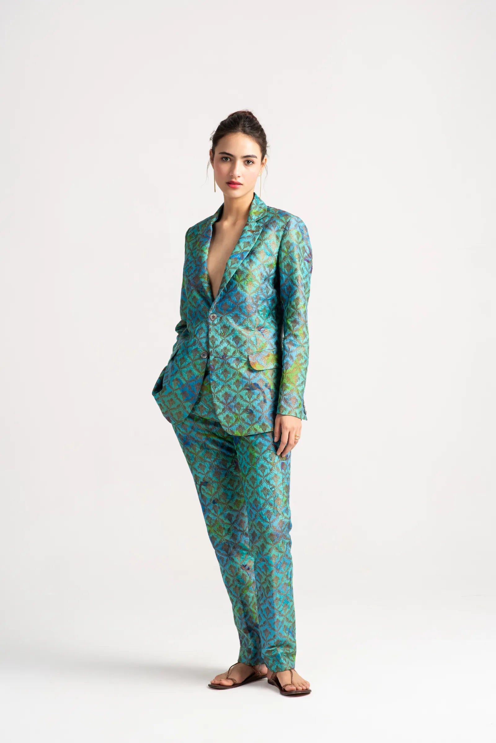 Elegant Rana Blazer in Silk Brocade Aqua Blue - Perfect for Office Wear, Cocktail Parties & Special Occasions