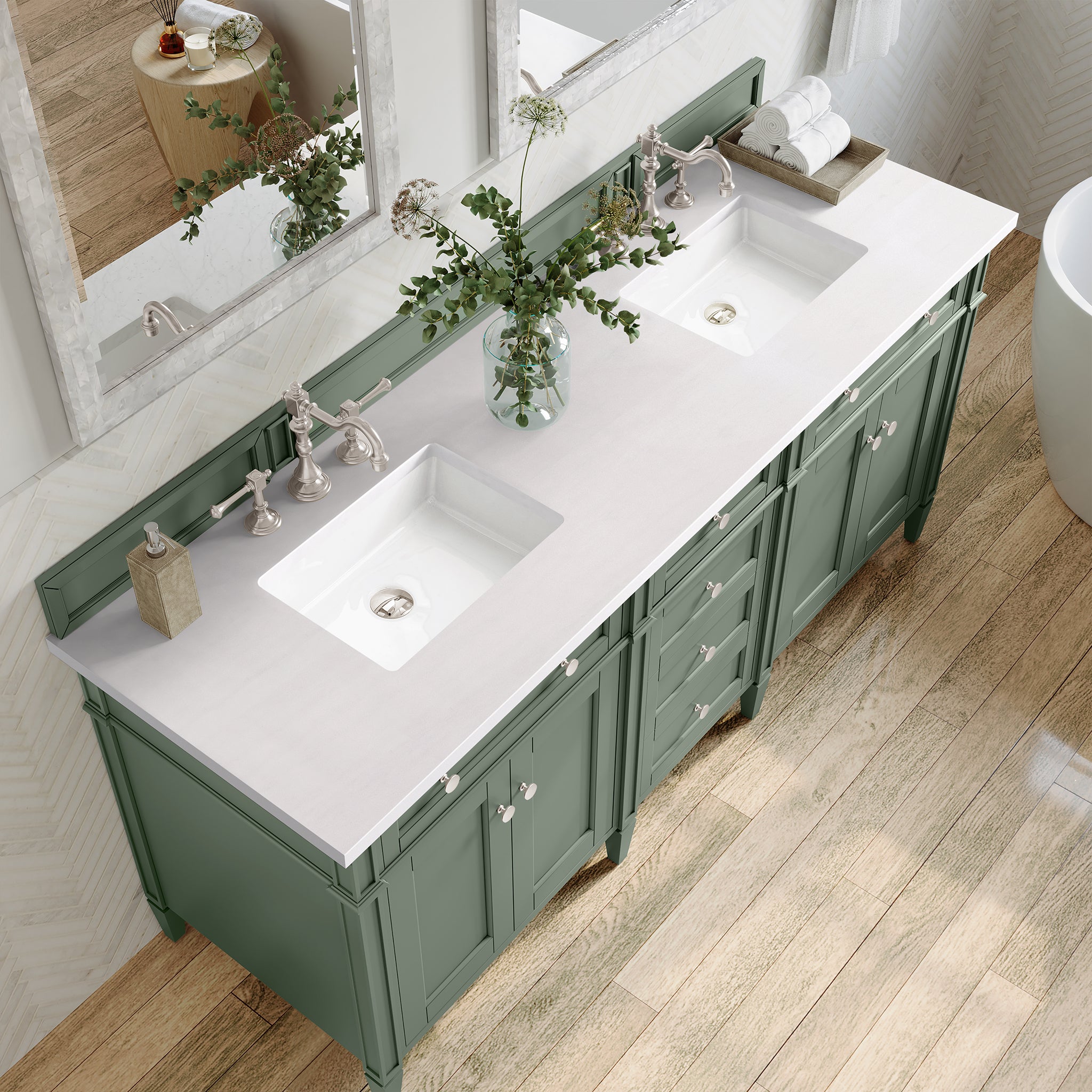 Brittany 72 Inch Double Bathroom Vanity with Smokey Celadon Finish and 3CM White Zeus Countertop - Perfect for Master Bathroom Remodeling and Modern Home Decor