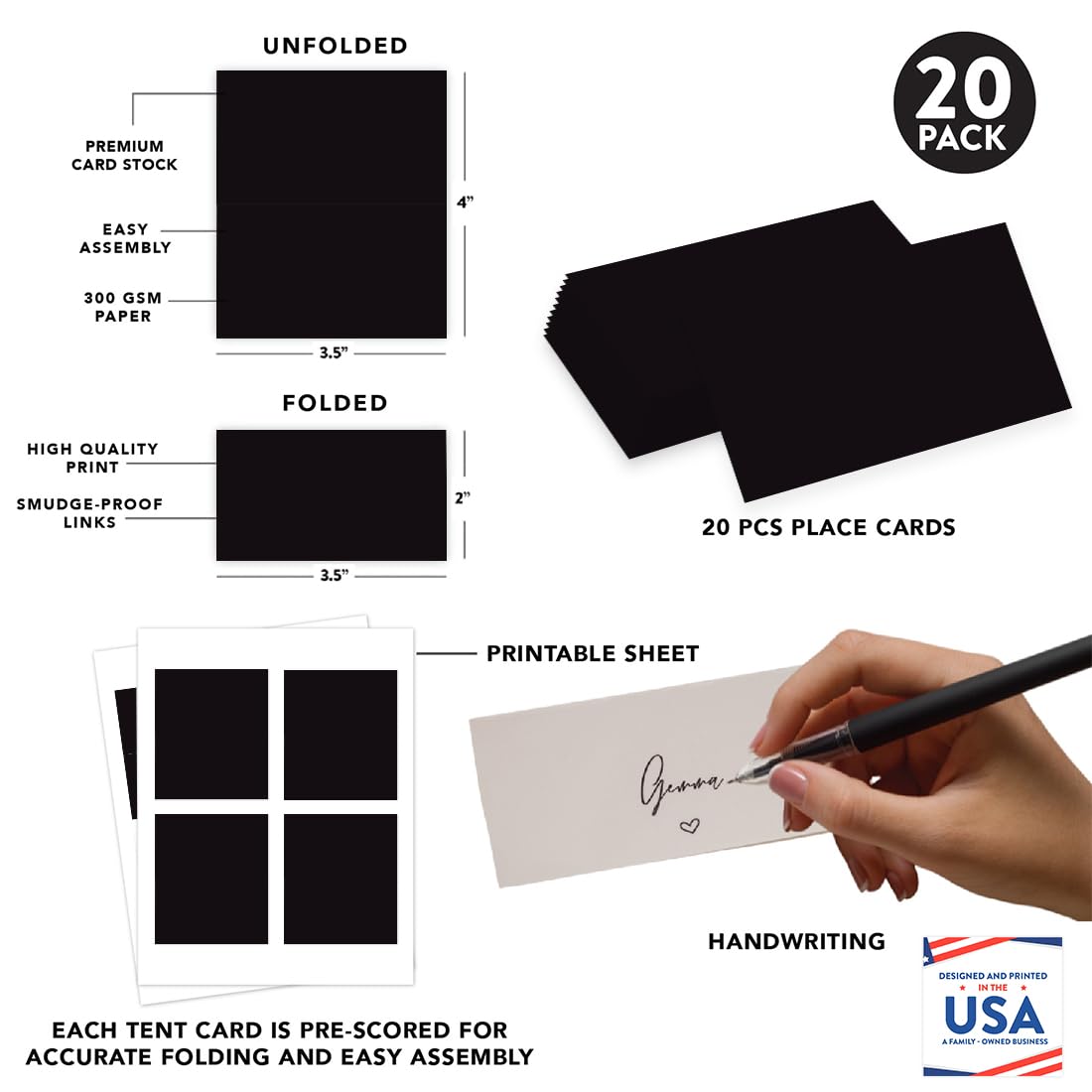 Andaz Press Printable Table Tent Place Cards - 20-Pack Black Wedding Seating Cards for Baby Shower, Bridal Party, Graduation & Events - Elegant Name Cards for Table Settings & Food Labeling