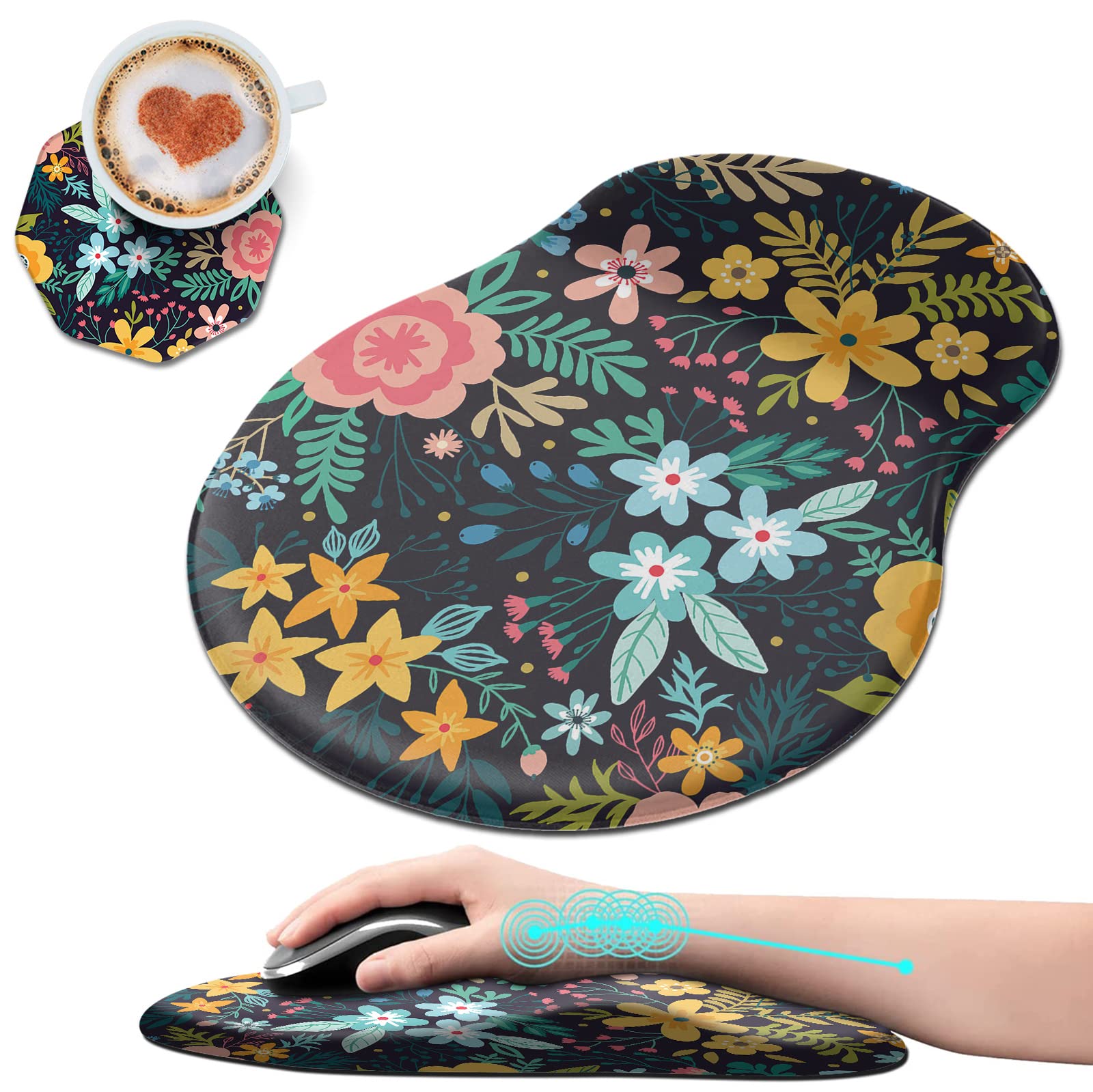 Ergonomic Mouse Pad with Wrist Rest Support - Thick Non-Slip PU Base for Pain Relief & Carpal Tunnel Prevention - Wireless Mouse Compatible - Floral Blooming Flowers Design - Perfect for Office, Gaming & Home Computer Use