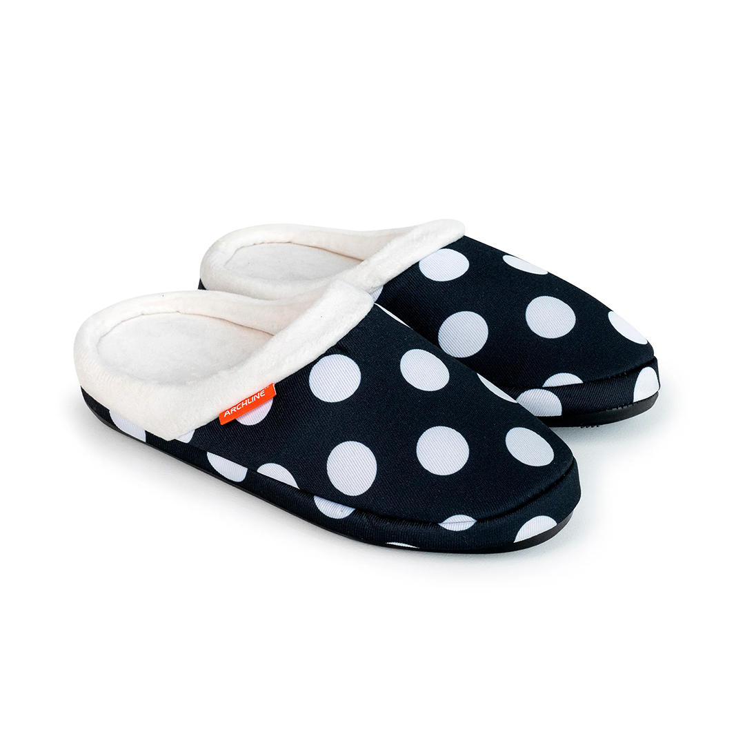 Archline Orthotic Slippers for Women & Men - Comfortable Slip-On House Shoes with Arch Support - Black Polkadot Design - Perfect for Indoor Relaxation, Post-Surgery Recovery & Plantar Fasciitis Relief