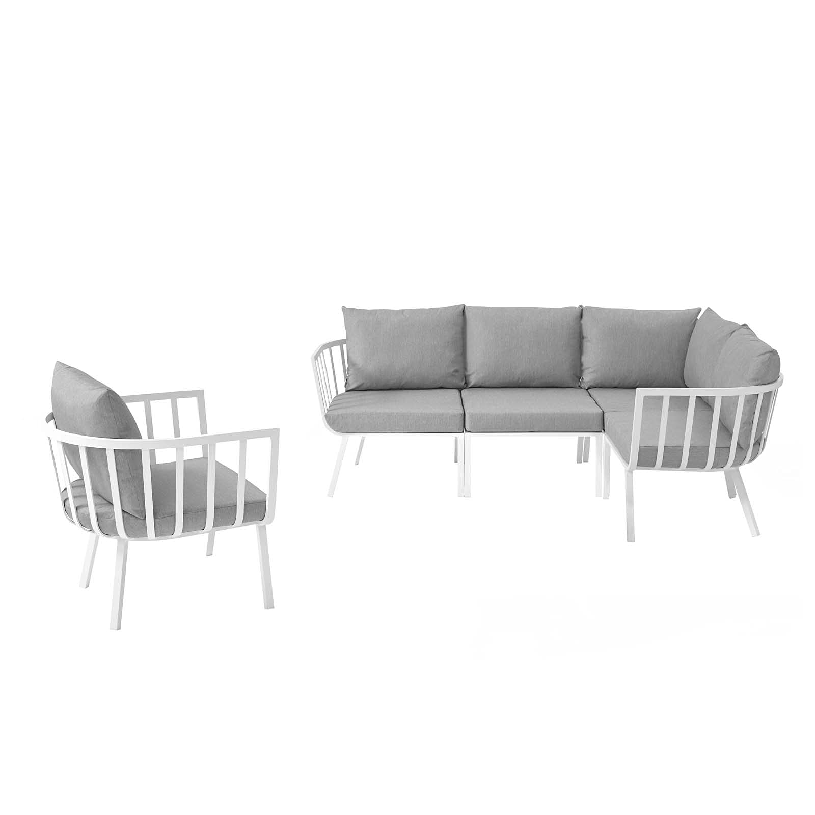 Modern Aluminum Lounge Sectional Sofa Chair Set in White Grey for Outdoor Patio, Cafe, Bistro, and Garden Relaxation