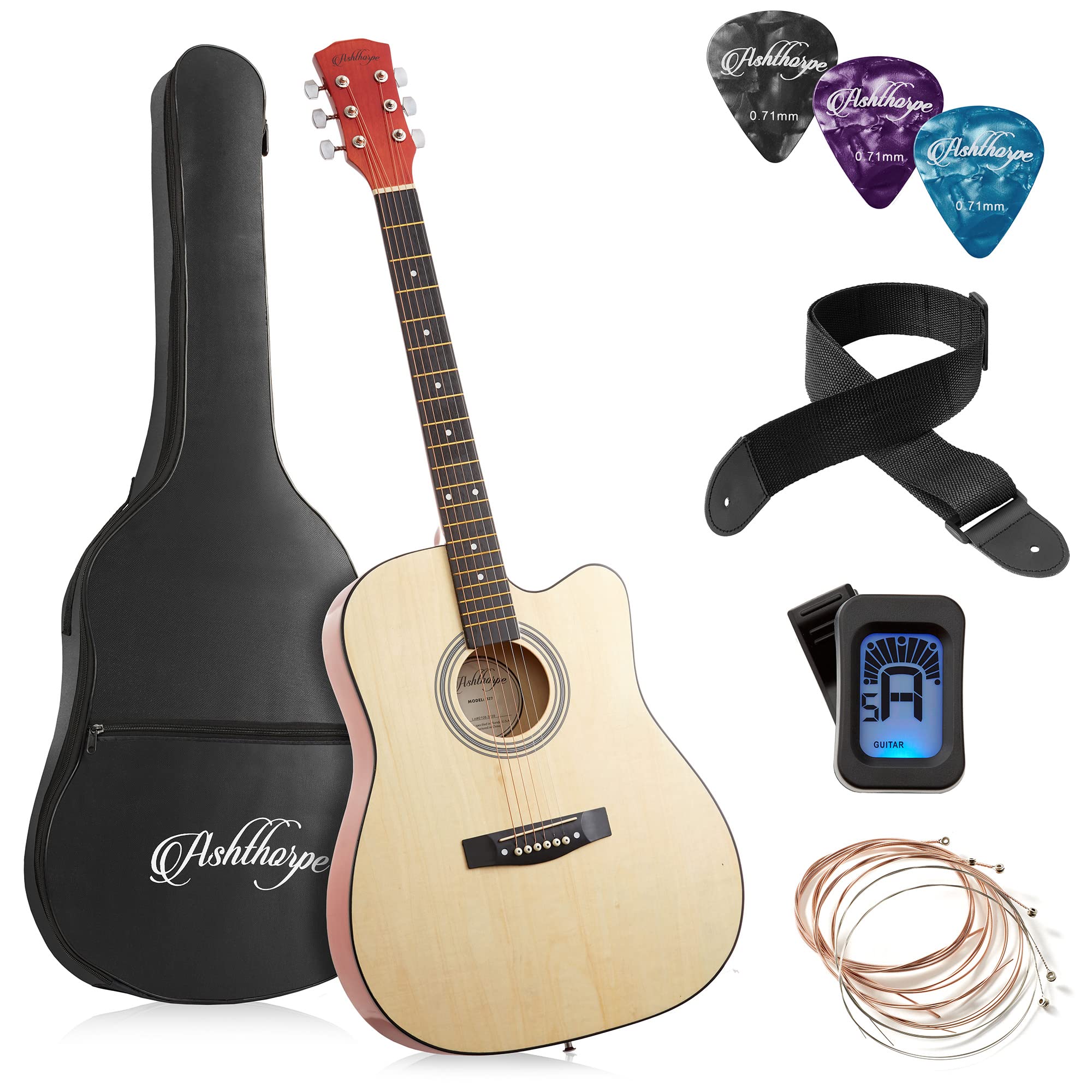 Ashthorpe 41-inch Cutaway Acoustic Guitar Starter Kit for Beginners - Full Size Natural Wood Guitar with Gig Bag, Strings, Strap, Tuner & Picks - Perfect for Learning, Practice & Live Performances
