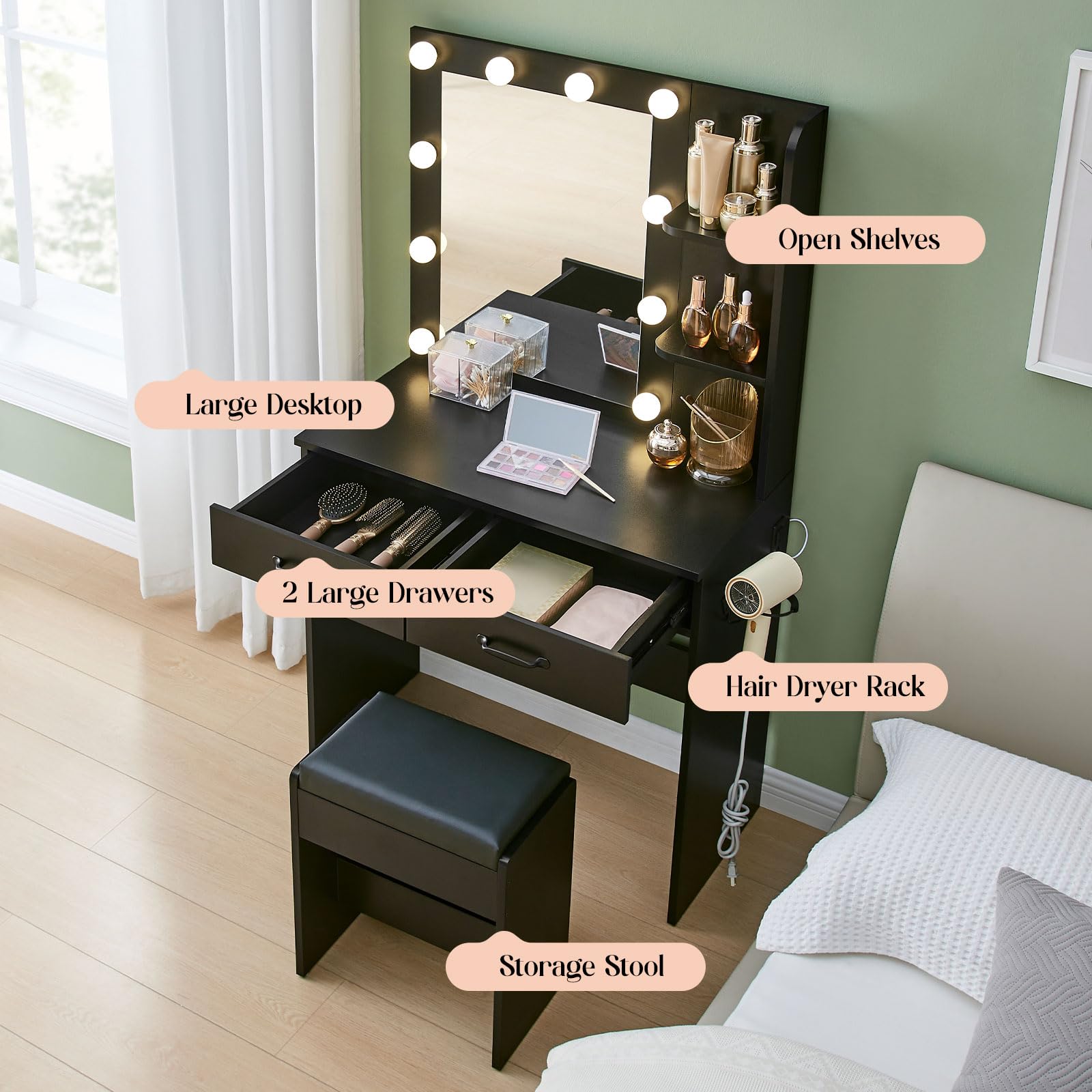 Vanity Desk with Mirror and Lights - Modern Dressing Table with LED Lights, Adjustable Brightness for Makeup & Skincare - Perfect for Bedroom, Dorm, or Salon (White)