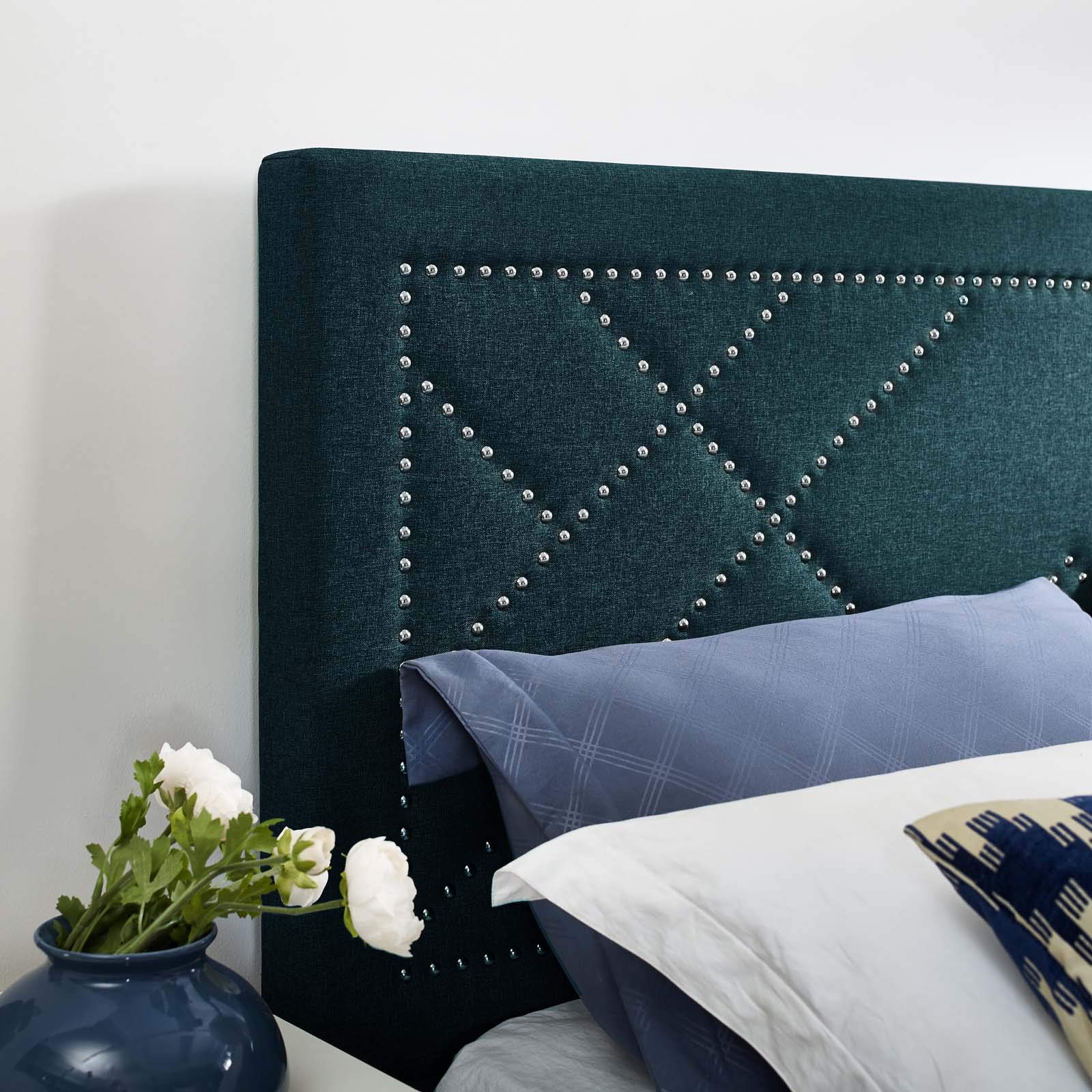 Modway Reese Upholstered Nailhead Trim Headboard - Full/Queen Size, Linen Fabric in Azure Blue - Perfect for Modern Bedroom Decor & Guest Room Upgrade