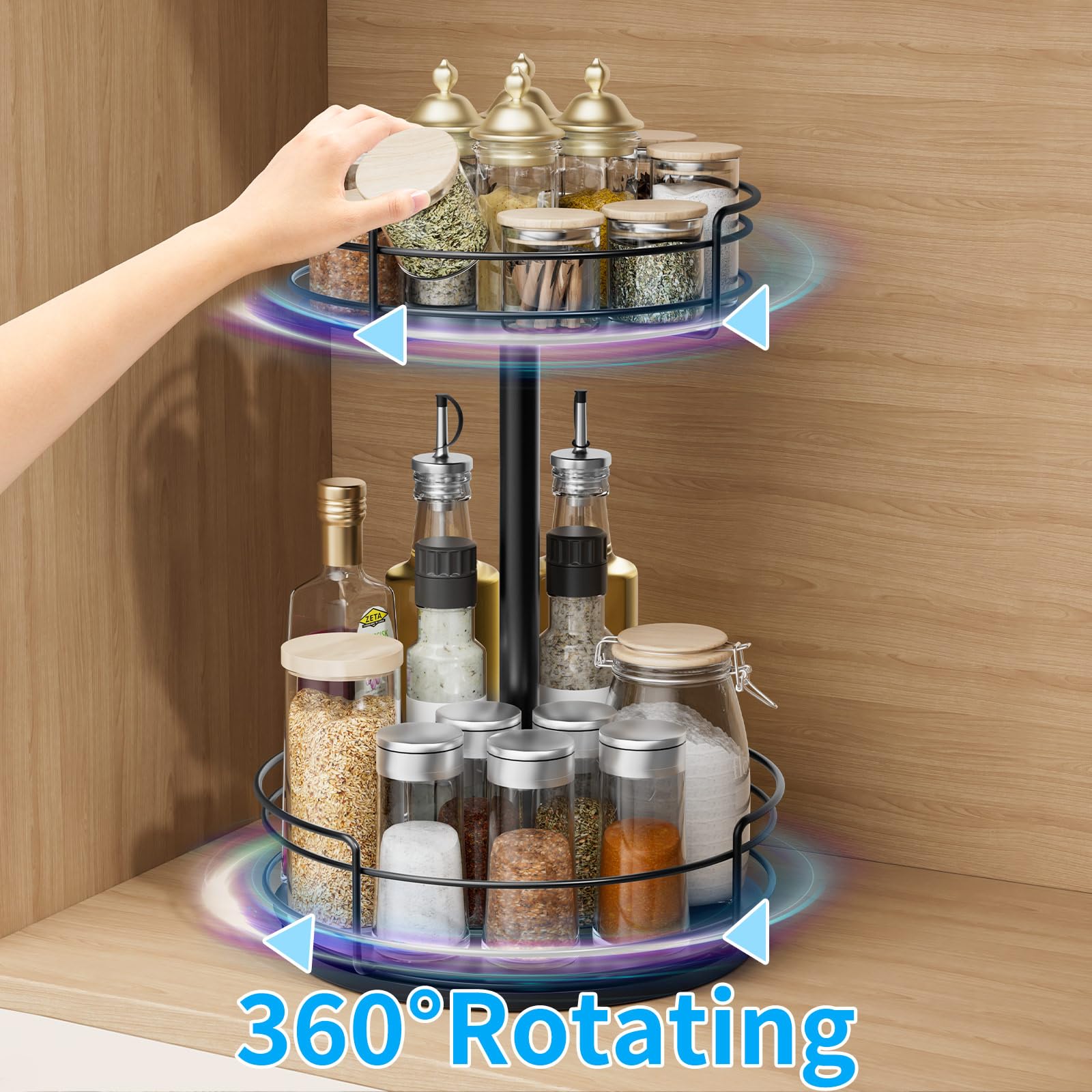 2-Tier Lazy Susan Turntable Organizer for Kitchen Cabinet, Spice Rack, Countertop, Bathroom & Pantry - Space-Saving Black Rotating Storage Solution for Home Organization