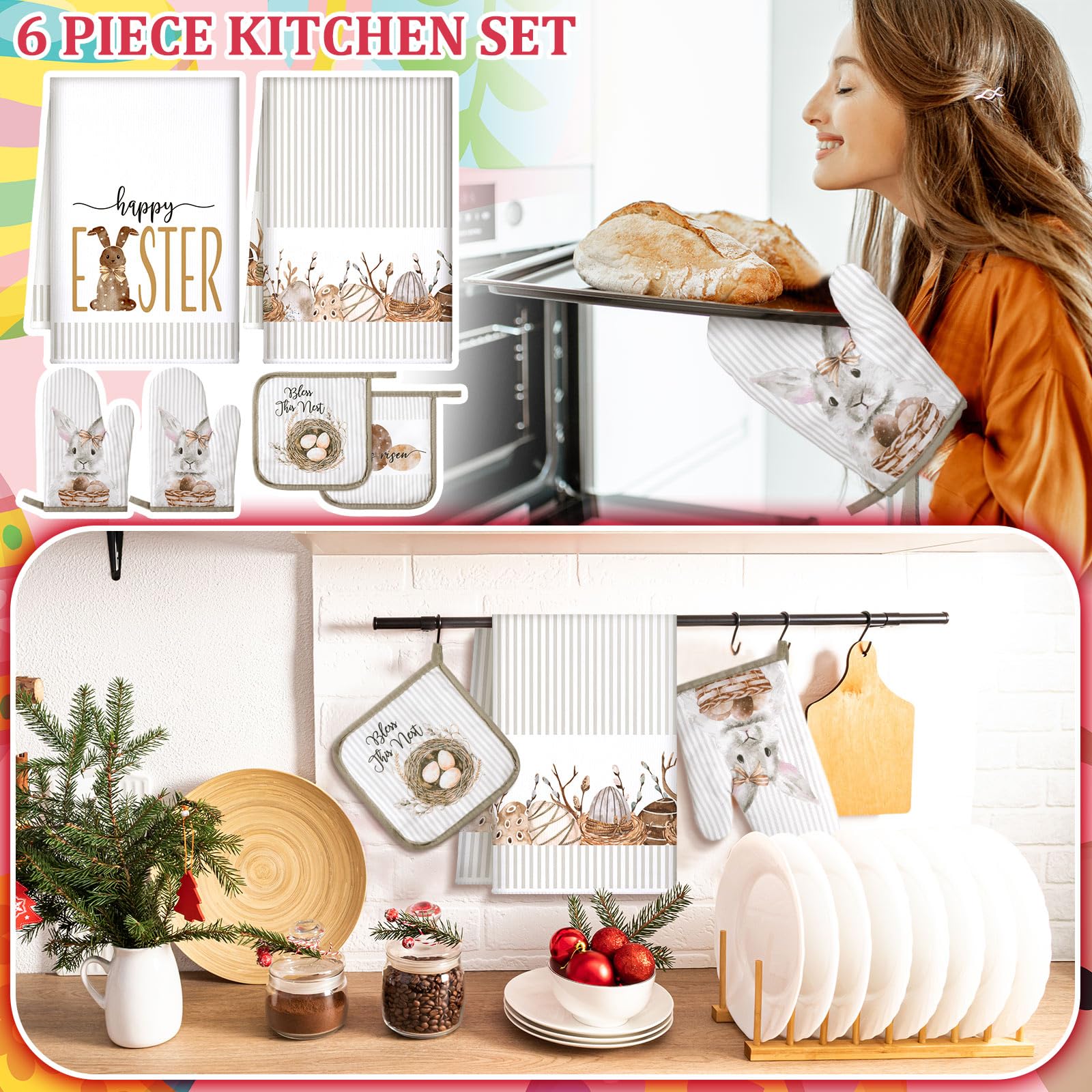 Bencailor 6-Piece Easter Bunny Floral Kitchen Towel and Oven Mitt Set - 2 Dish Towels, 2 Heat Resistant Cooking Gloves, 2 Pot Holders for Spring Holiday Decor & Cooking (White Striped) - Perfect for Easter Decorations, Kitchen Use, and Hostess Gifts