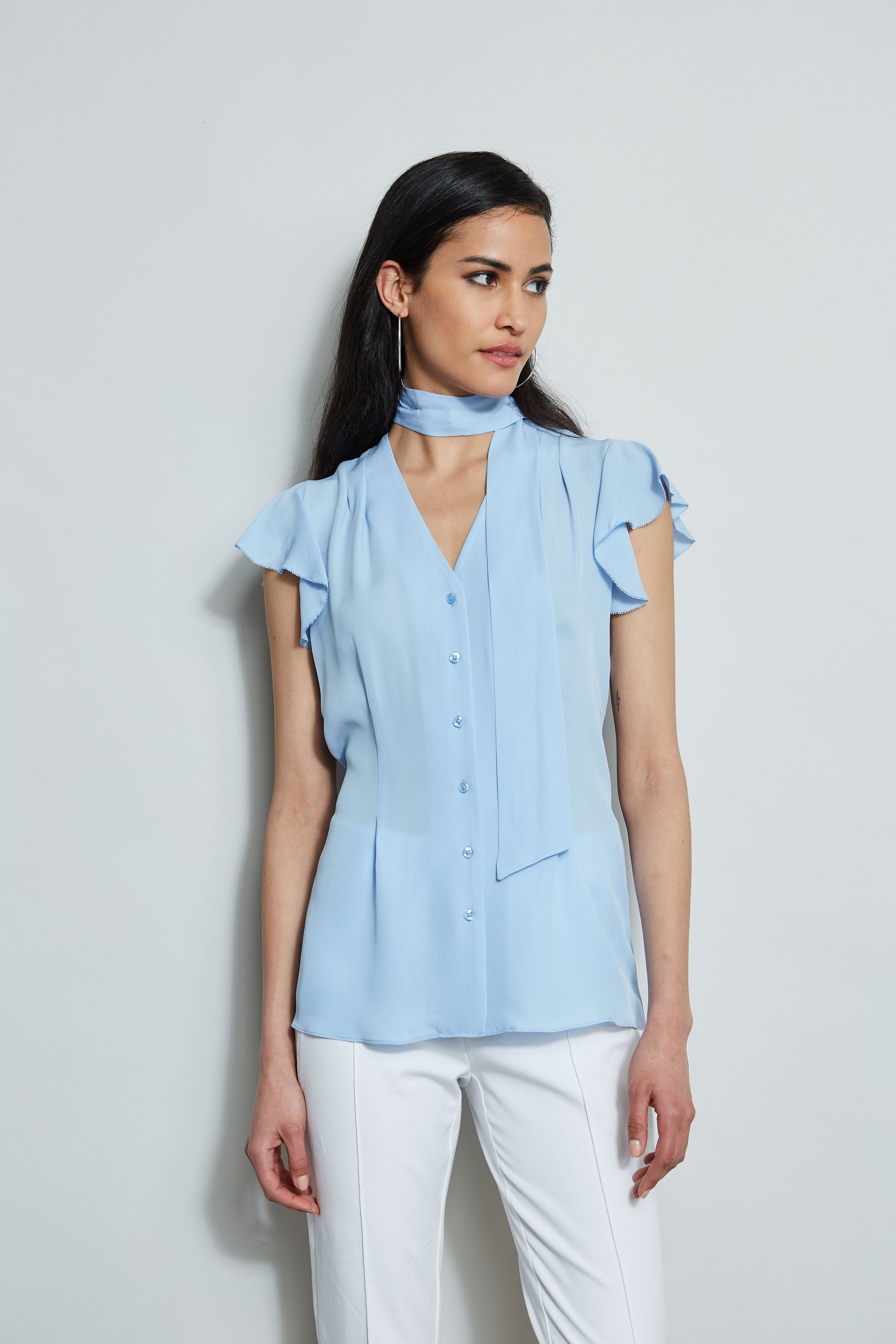 Flutter Sleeve Tie Front Blouse for Women - Elegant Flowy Tops for Office, Date Night & Summer Outfits