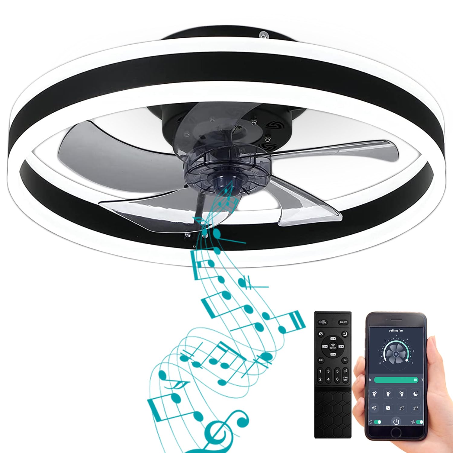 Bladeless Ceiling Fan with LED Lights & Bluetooth Speaker - Quiet, Low Profile, Smart App & Remote Control, Stepless Dimming, 3 Color Options, 6 Speed Settings, Reversible, 19.7 Inch - Perfect for Bedroom, Living Room, and Office Spaces