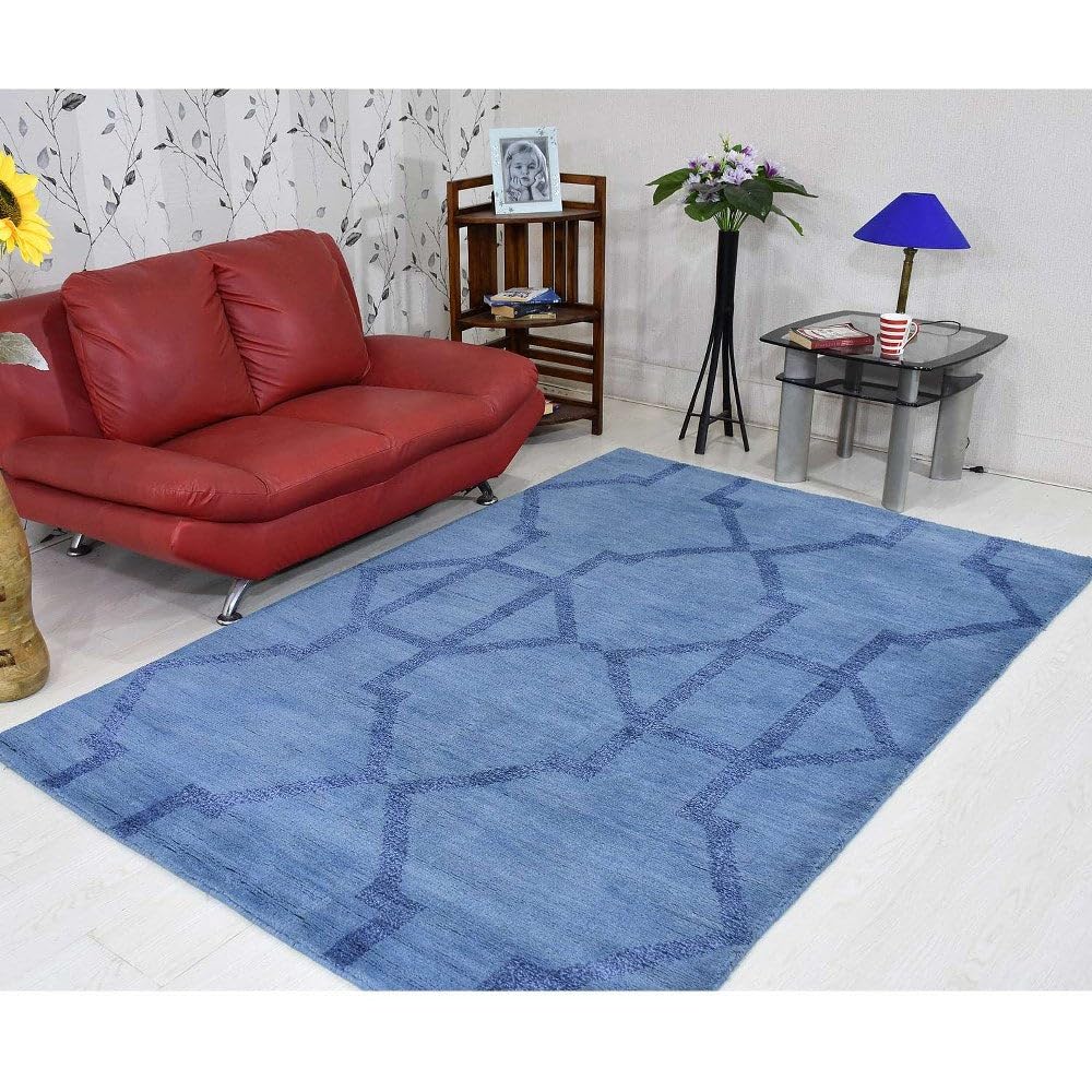 Hand Knotted Wool Geometric Area Rugs - 5'x8' Rectangle Modern Light Blue Blue Handmade Medium Pile Rug for Living Room, Bedroom, Office, Nursery | Non-Slip Soft Floor Covering for Home Decor (N00942)