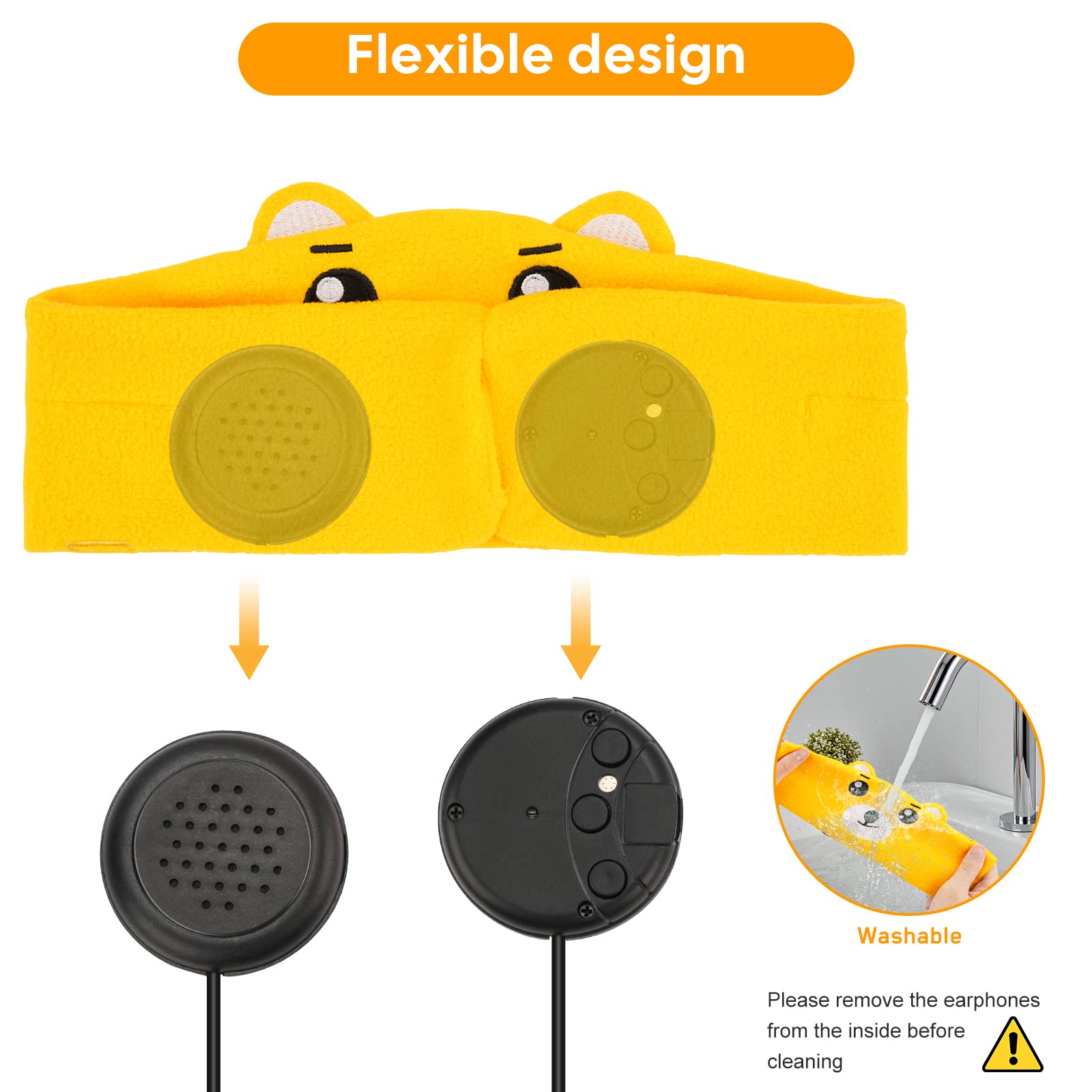 Laelr Kids Wireless Bluetooth Headband Headphones with Built-in Microphone - Soft Fleece Hi-Fi Stereo Headset with Super Bass, Voice Prompt & Sleep Eye Mask for Travel, Sleeping & Relaxation (Yellow) - Perfect for Airplane Trips, Nap Time & Meditation