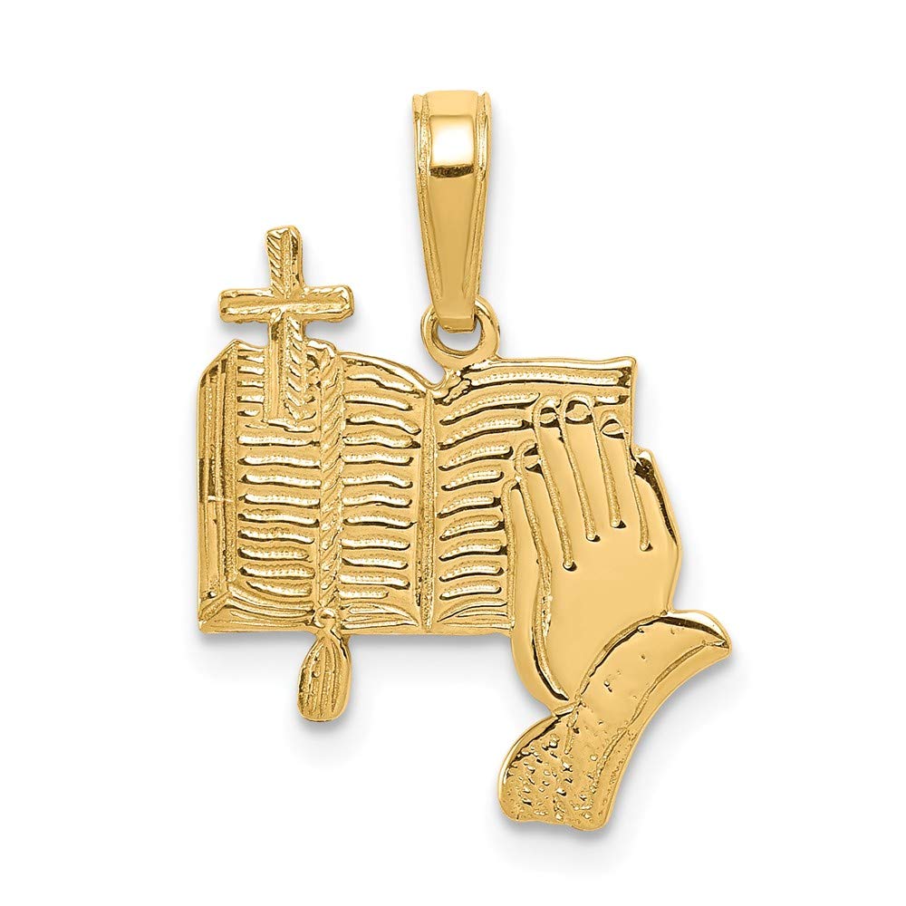14K Solid Yellow Gold Bible, Praying Hands & Cross Pendant Charm - 20mm x 16mm - Religious Jewelry for Faithful Gifts & Daily Devotion