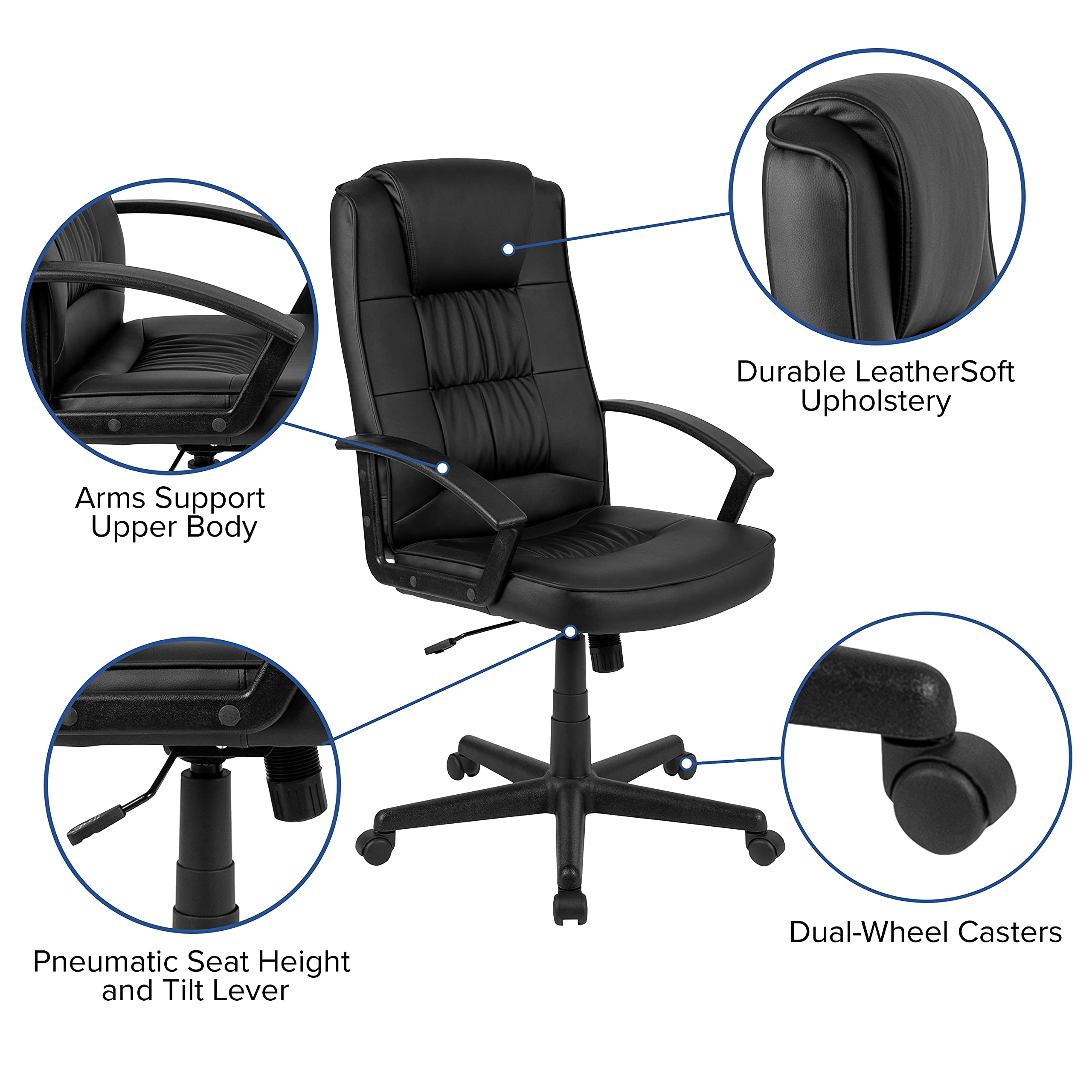 EMMA + OLIVER High Back Black LeatherSoft Task Chair with Arms - Ergonomic Office Desk Chair for Home & Work - Perfect for Long Hours Sitting, Computer Work & Gaming