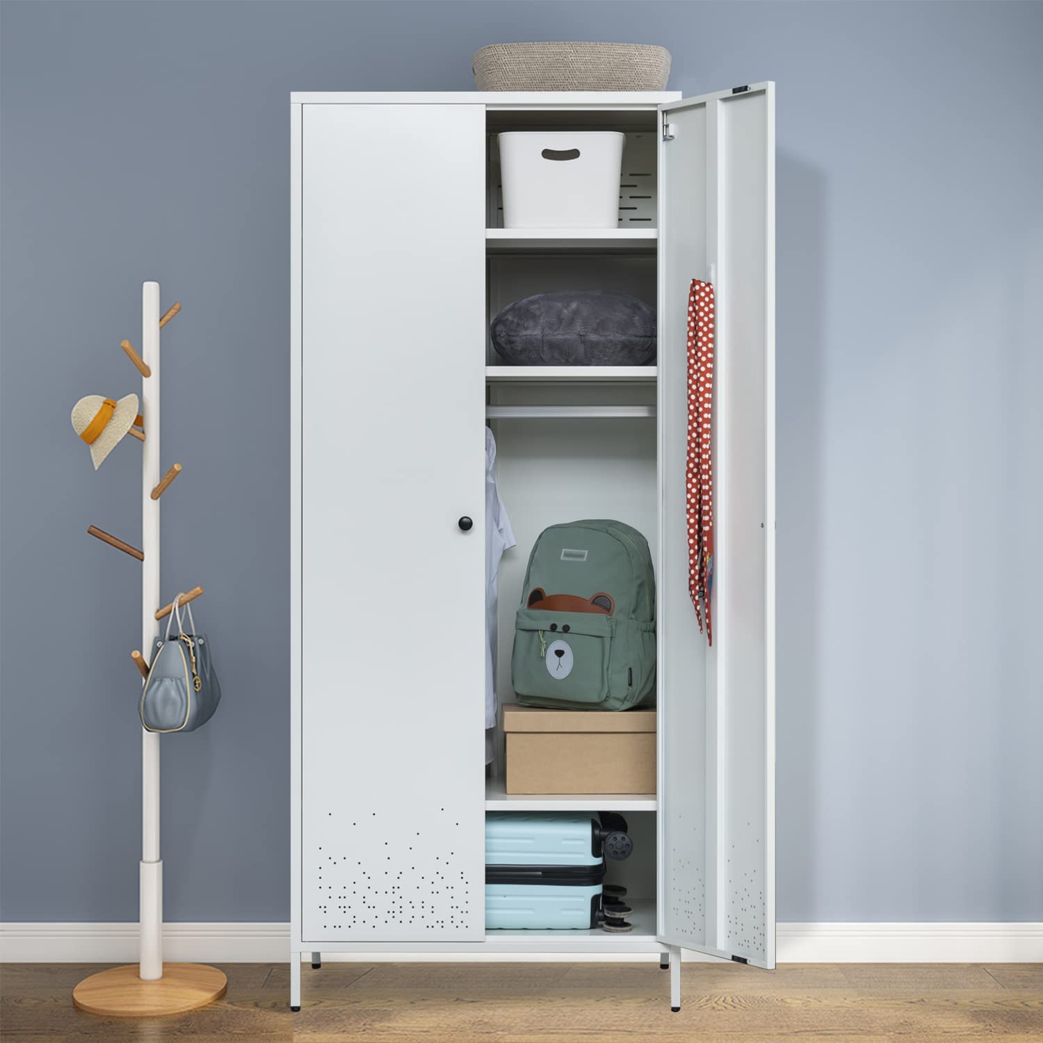 White Metal Storage Cabinet with Hanging Rod - Wardrobe Armoire Closet Organizer for Bedroom, Laundry Room & Home Organization - Perfect for Clothes Storage, Linen Organization & Small Space Saving