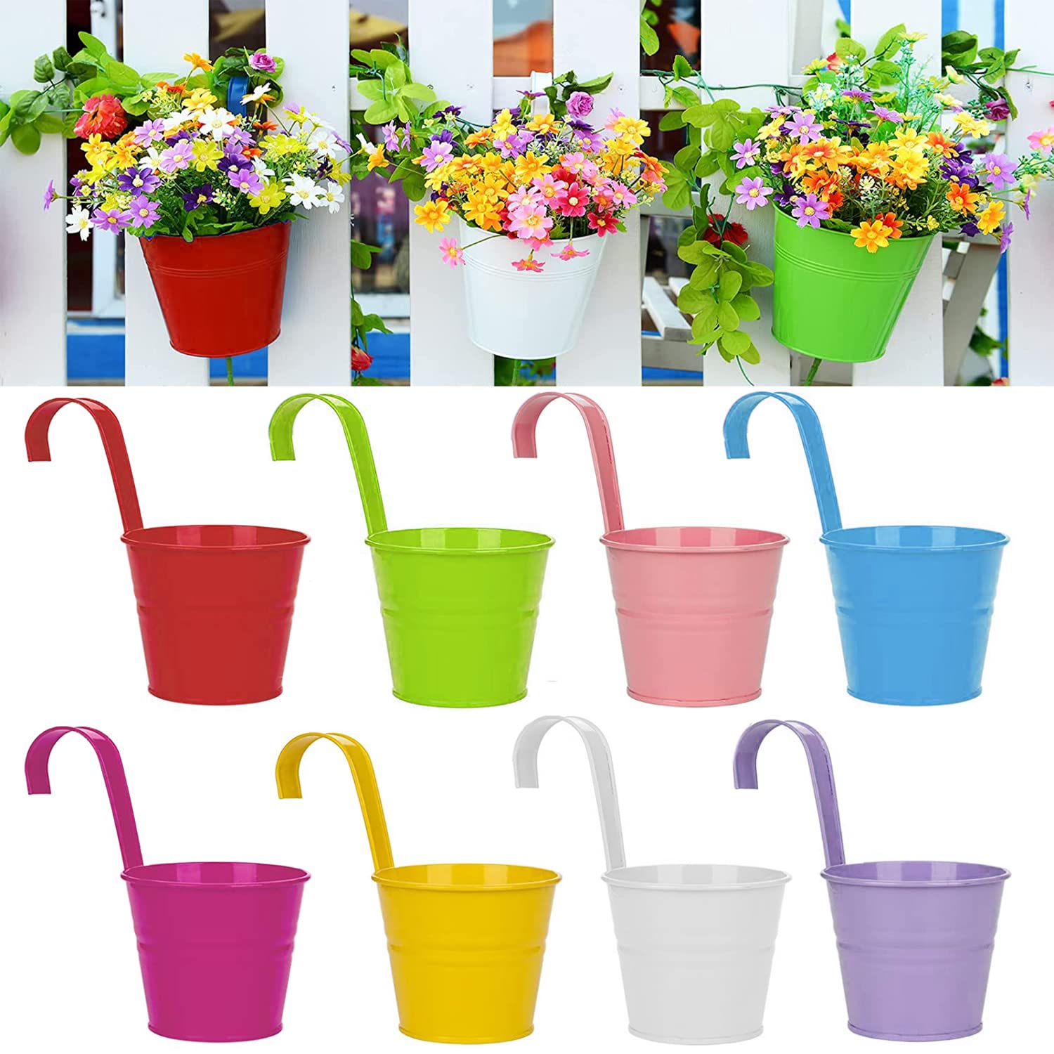 6.3 Inch Large Metal Hanging Flower Pots (8 Pack) - Outdoor/Indoor Iron Planters with Detachable Hook for Balcony, Fence & Garden Decor - Multicolor Hanging Buckets for Flowers, Herbs & Succulents