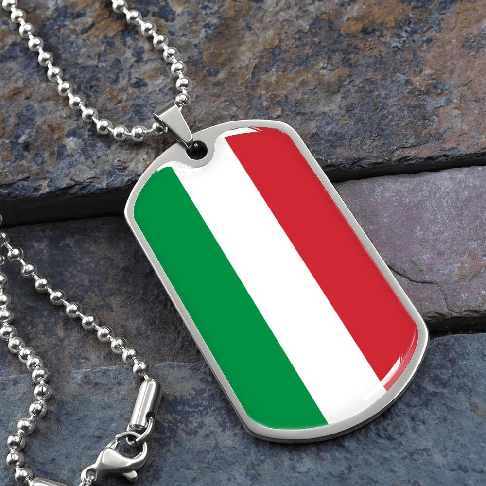 Italian Flag Dog Tag Necklace - Silver Military Chain with Glass Dome Pendant - 24