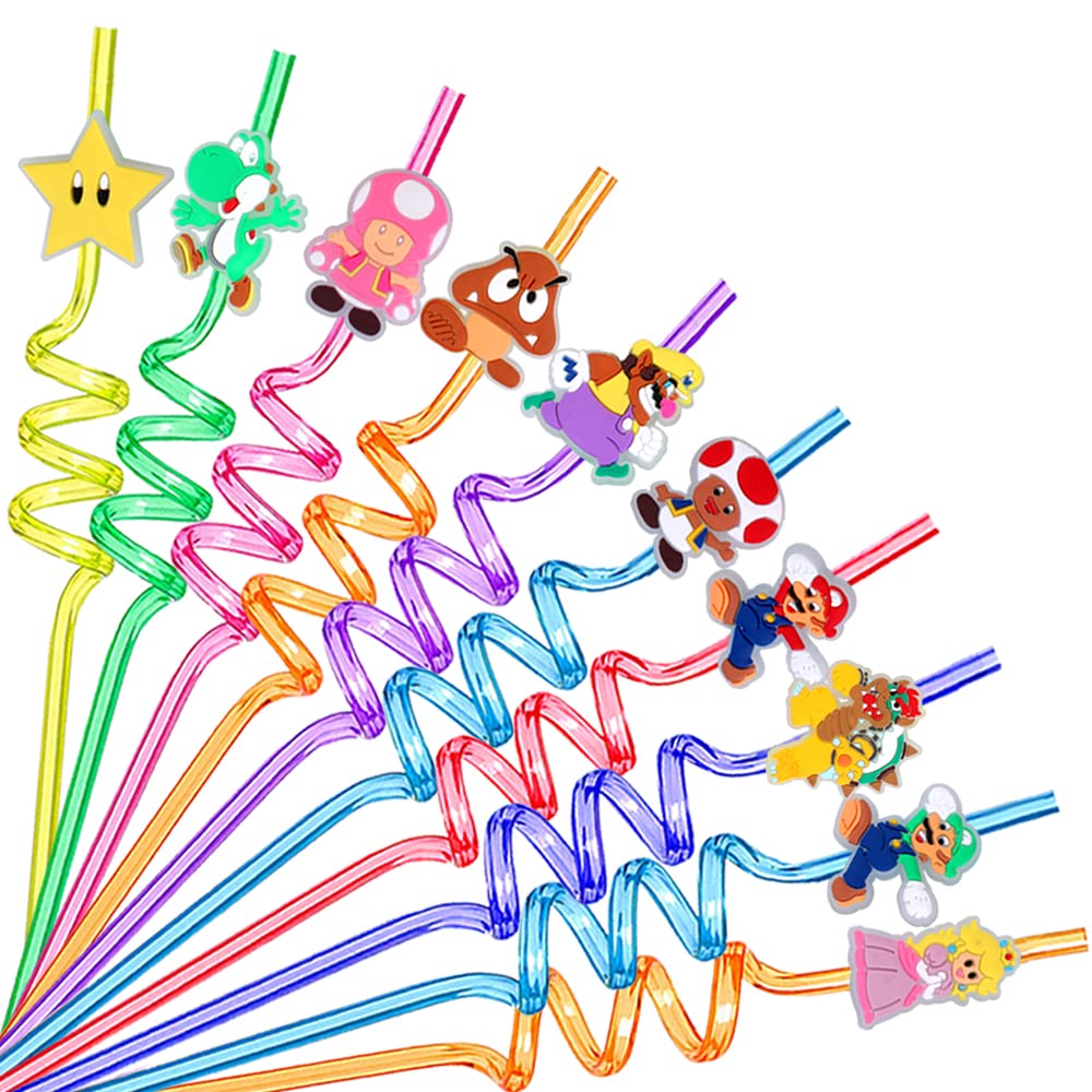 10PCS Mario Theme Straws - 10 Fun Designs for Birthday Party Favors, Kids Party Supplies & Mario Themed Decorations - Perfect for Birthday Parties, Baby Showers & Game Night Celebrations