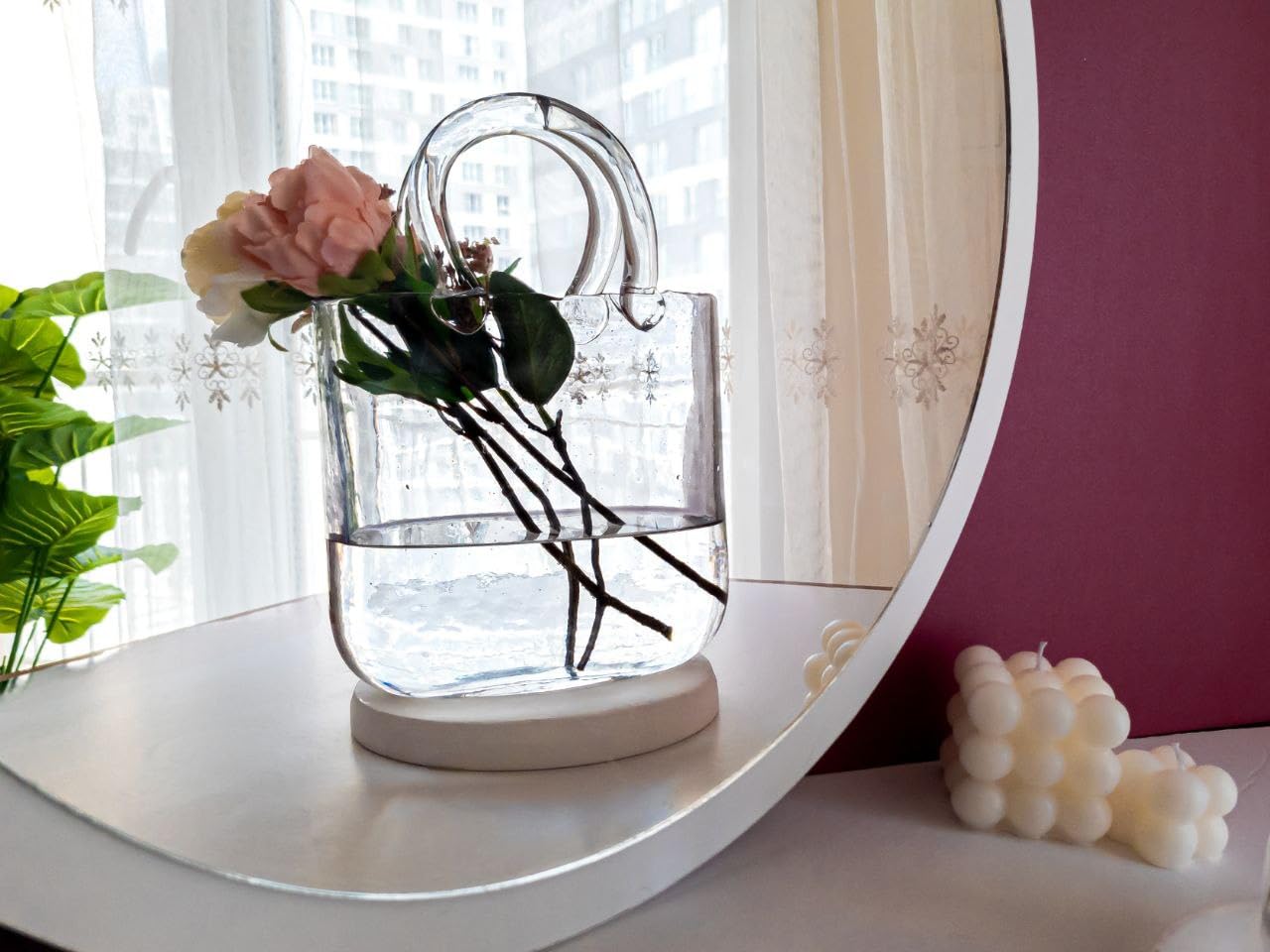 OLEEK Handmade Clear Glass Purse Vase - Elegant Flower Vase & Fish Bowl for Home Decor, Wedding Centerpieces, and Party Drinks - Unique Glass Handbag Vase for Flowers and Tabletop Decor