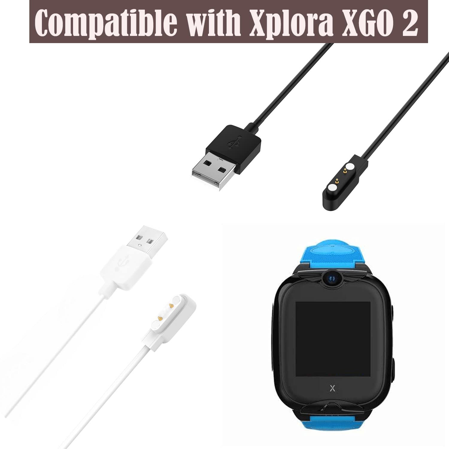 FitTurn 2-Pack Magnetic USB Charger for Xplora XGO 2 Kids Smartwatch - 60cm Charging Cable & Cradle Accessories (Black) - Perfect for School, Outdoor Activities & Daily Use