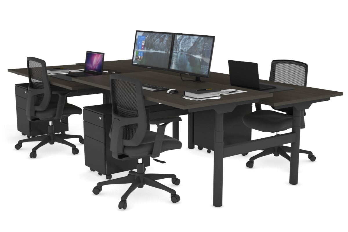 Flexi Premium Height Adjustable 4-Person H Bench Workstation - Black Frame [1400L x 800W with Cable Management] - Ideal for Office, Coworking Spaces & Home Offices