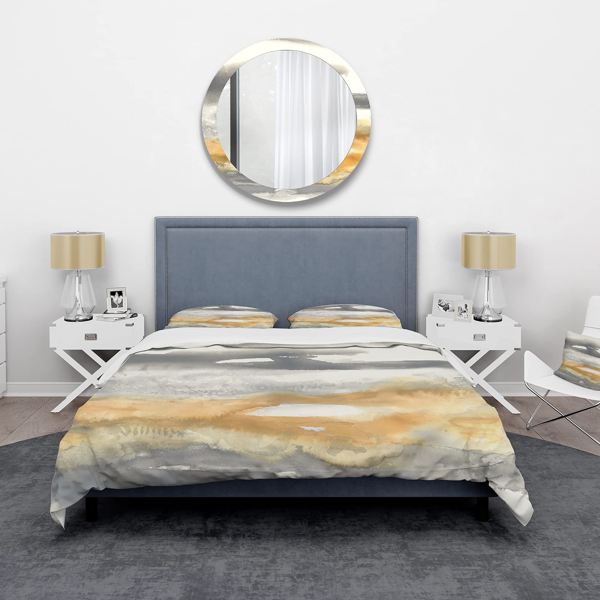 DesignQ Gold Glamour Direction Modern Contemporary Duvet Cover Set - King Size Grey Abstract Bedding 3-Piece Set | All Season Luxury Bedding for Master Bedroom & Guest Room Decor
