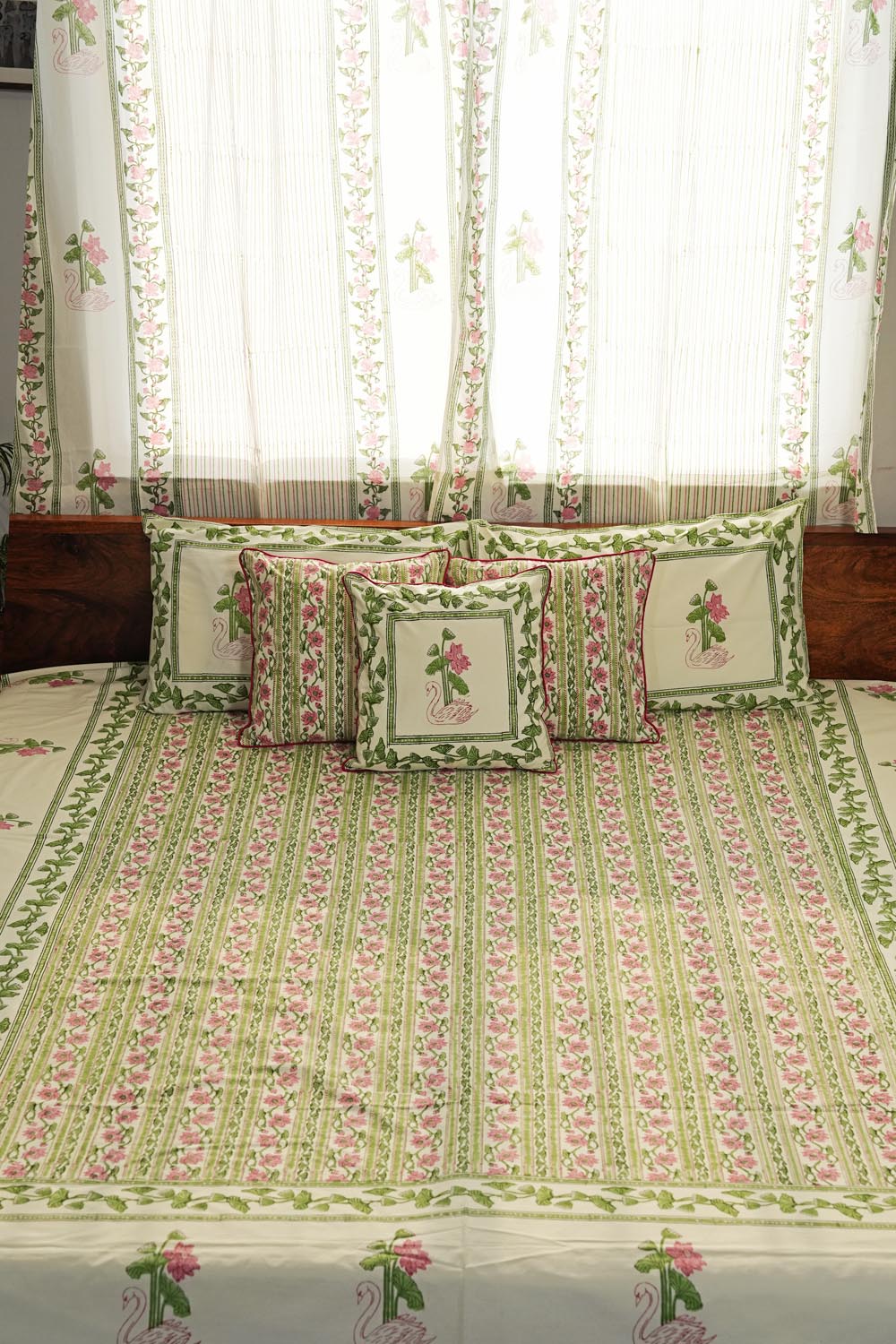 Serene Swan Song Hand Block Printed Cotton Percale Bedsheet Set | 100% Premium Cotton Bedding | Soft & Breathable for All Seasons | Perfect for Master Bedroom, Guest Room & Vacation Homes