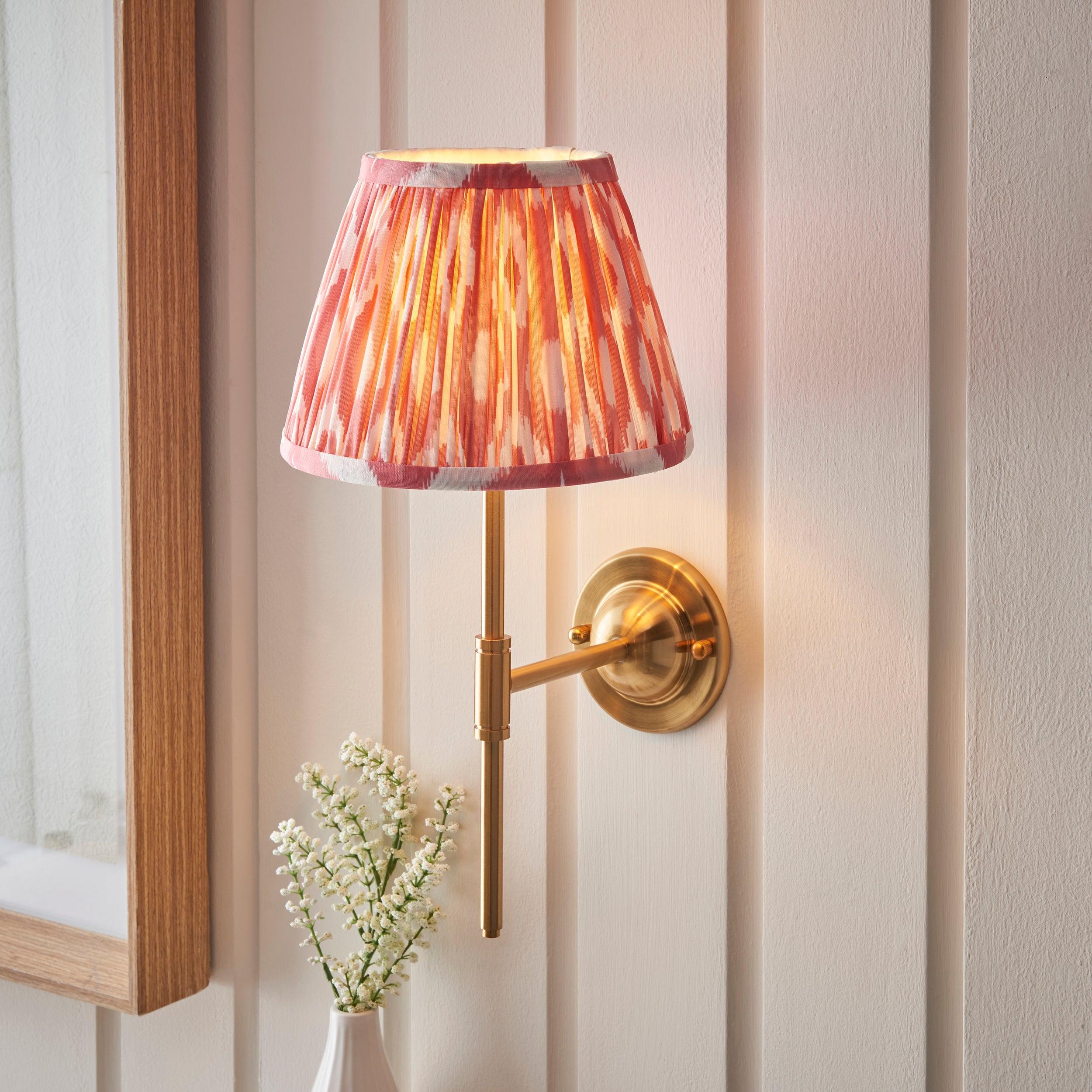 Brass Dome T Bar Wall Light with 20cm Coral Pink Ikat Shade - Perfect for Bedroom, Living Room, and Hallway Lighting