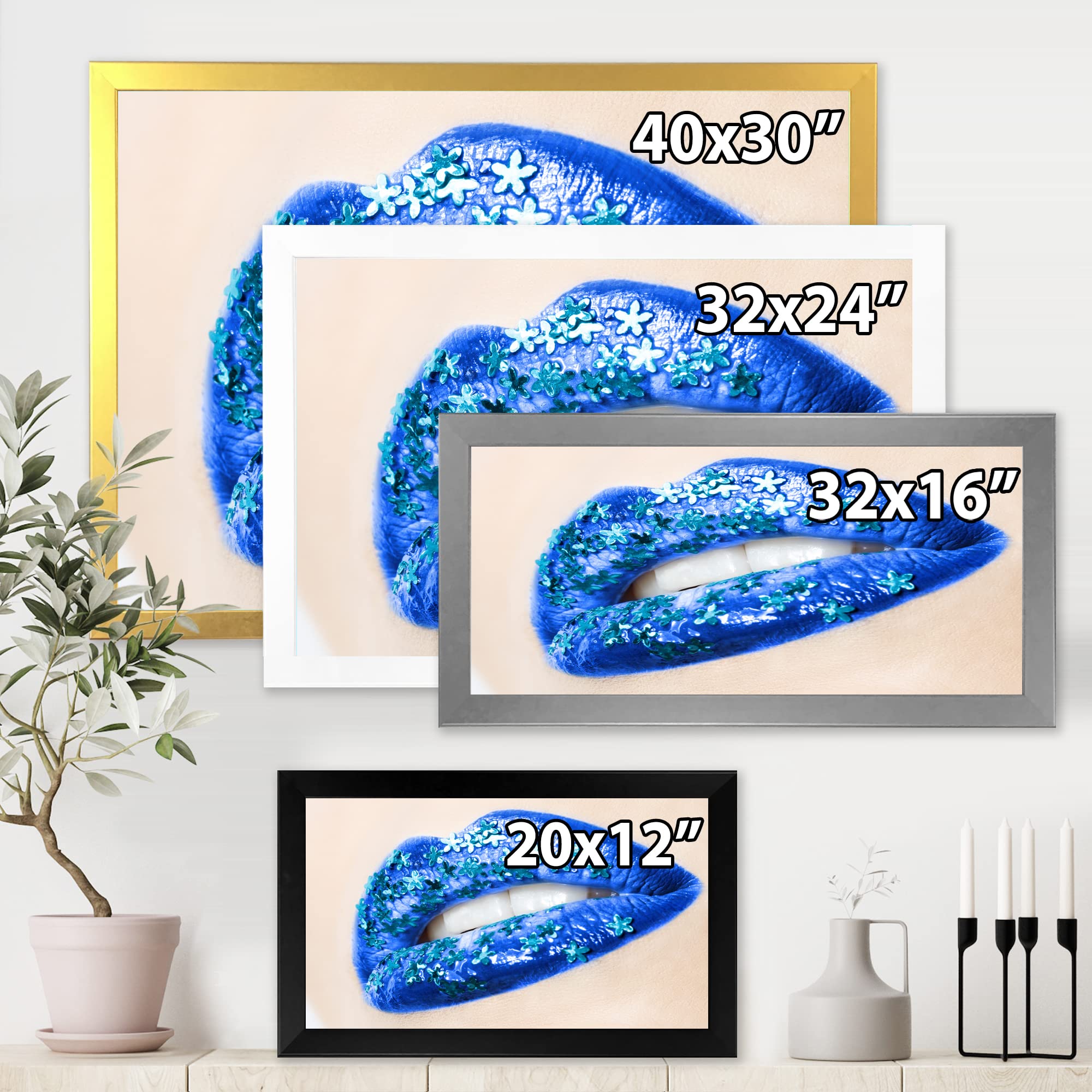 Beautiful Blue Floral Lips Modern Framed Wall Art for Women - Perfect for Living Room, Bedroom & Office Decor