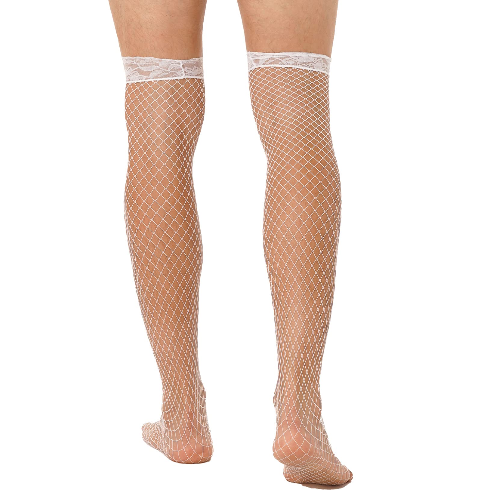 Freebily Men's Fishnet Lace Trim Stockings - Hollow Out Mesh Thigh-High Socks for Nightwear & Cosplay - Sexy Gothic Fashion Accessories for Parties, Halloween & Lingerie Outfits