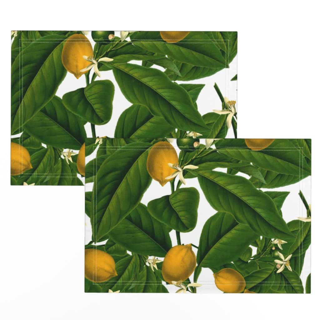 Linen Cotton Canvas Placemats Set of 2 - Vintage Tropical Botanical Floral Leaves Print Table Mats for Dining, Kitchen Decor & Party Settings by Spoonflower
