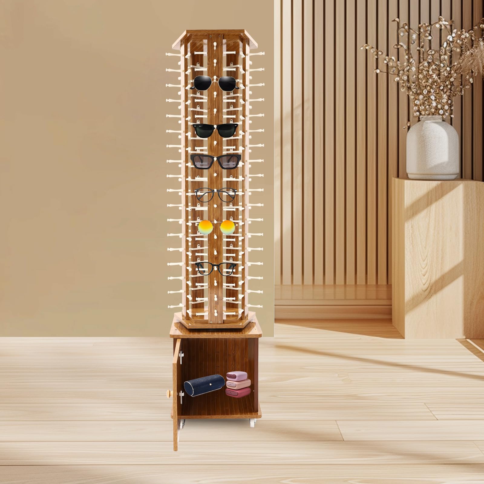 90 Pairs 360° Rotating Sunglasses Display Stand with Wheels & Drawer - 5-Sided Eyeglass Carousel Rack for Retail Stores, Optical Shops & Home Use - Perfect for Eyewear Showcase, Store Organization & Space Saving