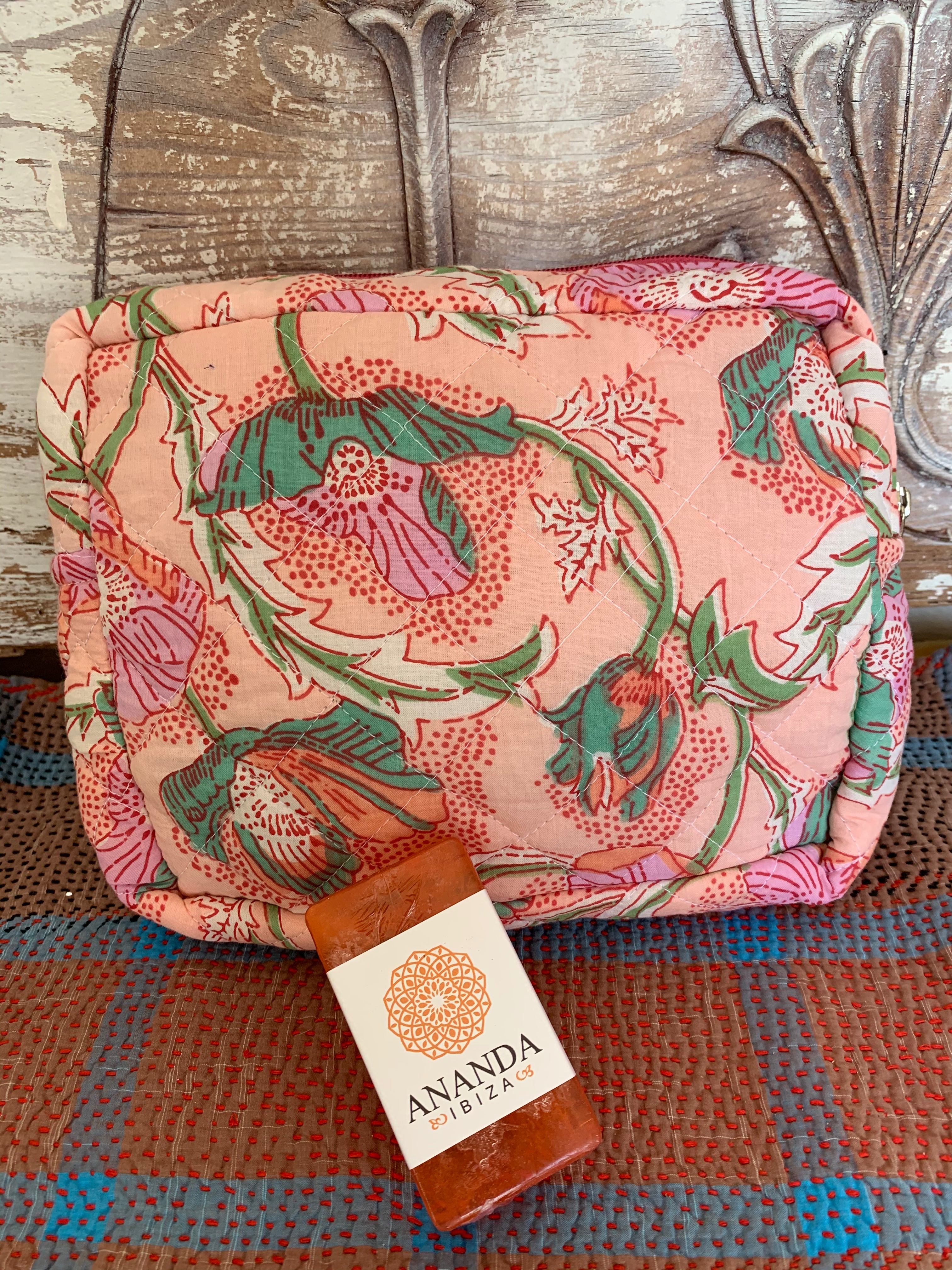 Large Cosmetic Bag with Handmade Block Print - Perfect for Travel, Makeup Storage & Organizing Toiletries