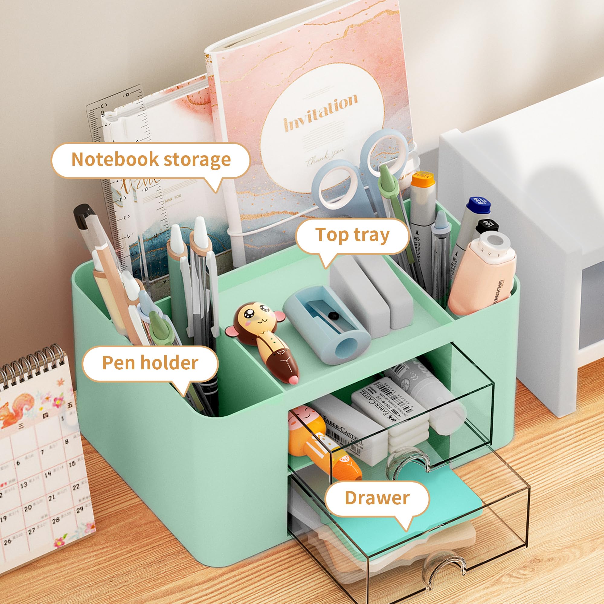 Premium Marbrasse Pen Organizer with 2 Drawers - Multifunctional Desk Pencil Holder & Office Supplies Organizer with 5 Compartments for Pens, Markers, Art Tools (Green) - Perfect for Home Office, School & Craft Room Organization