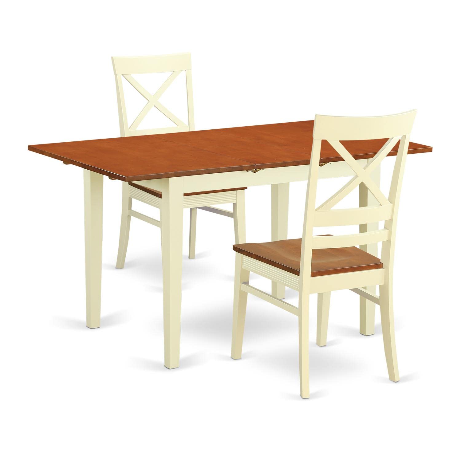 Modern 3-Piece Dining Table Set with Butterfly Leaf & 2 Chairs - 32x54 Inch Rectangle Wooden Table in Buttermilk & Cherry - East West Furniture NOQU3-WHI-W - Perfect for Small Spaces, Breakfast Nooks, and Contemporary Dining Rooms