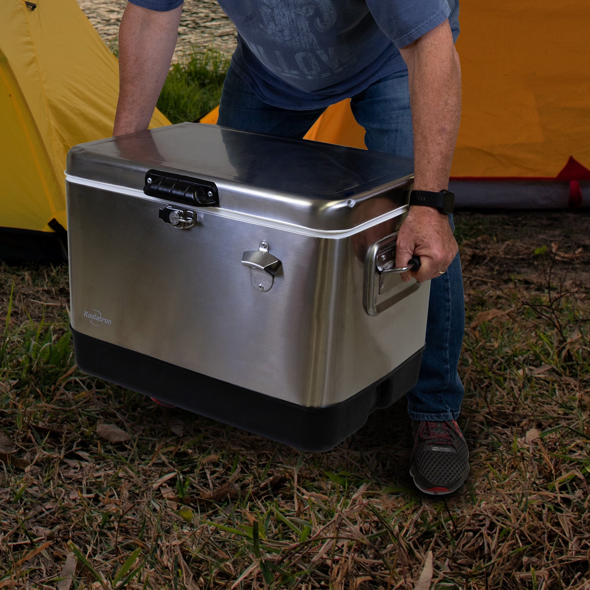 Koolatron 51L (54 qt) Stainless Steel Ice Chest Cooler with Bottle Opener - 85 Can Capacity Portable Beverage Cooler in Silver & Black for Camping, Beach, RV, BBQs, Tailgating, Fishing - Perfect for Outdoor Adventures, Picnics, and Road Trips