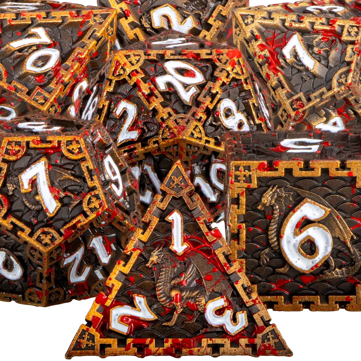 ARUOHHA 7PCS DND Metal Dice Set - Antique Gold Blood Polyhedral Dice for Dungeons & Dragons RPG, D&D Dice Set with D20 D12 D10 D8 D6 D4 - Perfect for Tabletop Gaming, Role Playing Games & Collectors - Comes with Elegant Gift Box