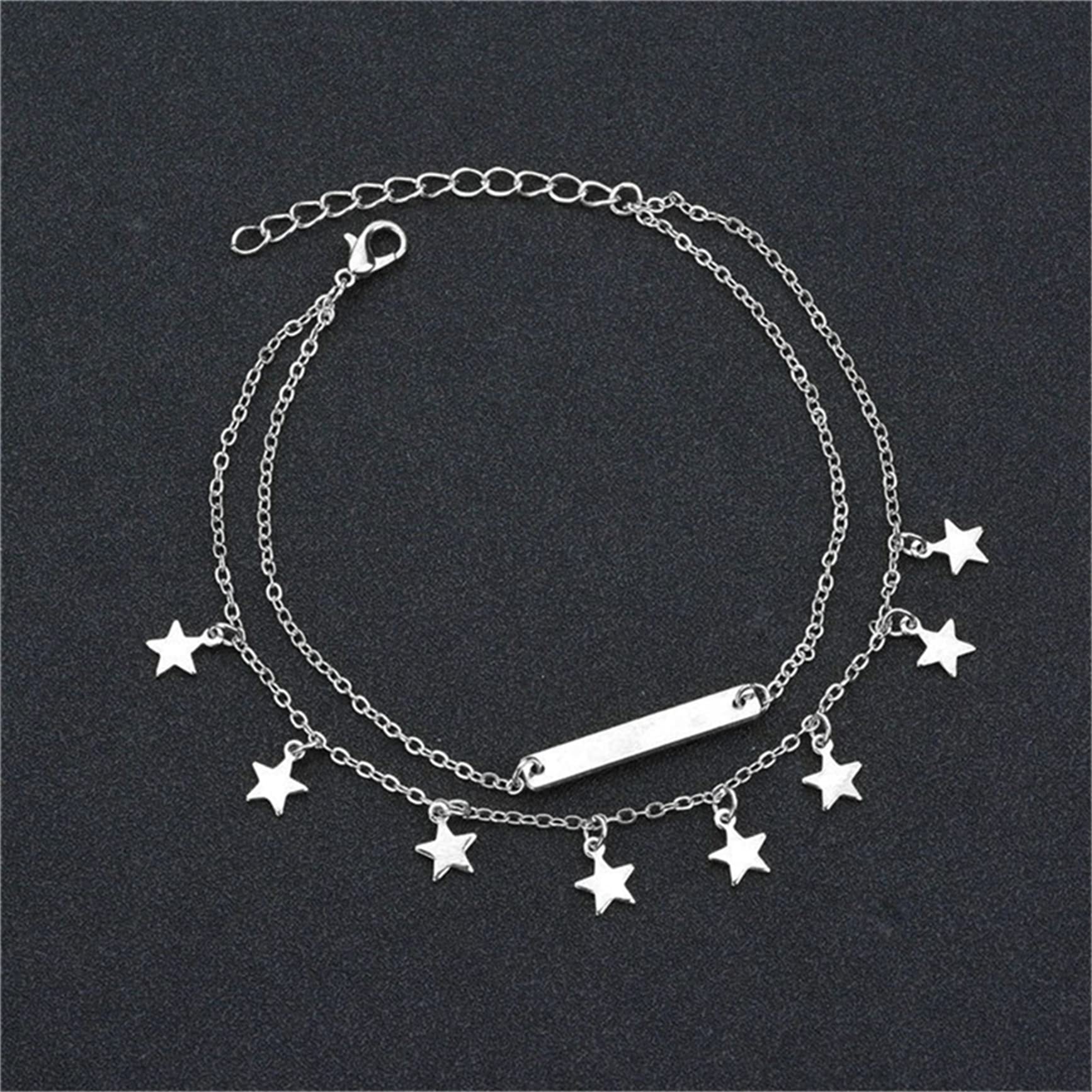 JUNWU Silver Pentagram Charm Tassel Anklet - Adjustable Boho Dainty Foot Jewelry for Women & Girls - Perfect for Beach, Festival, and Summer Outfits