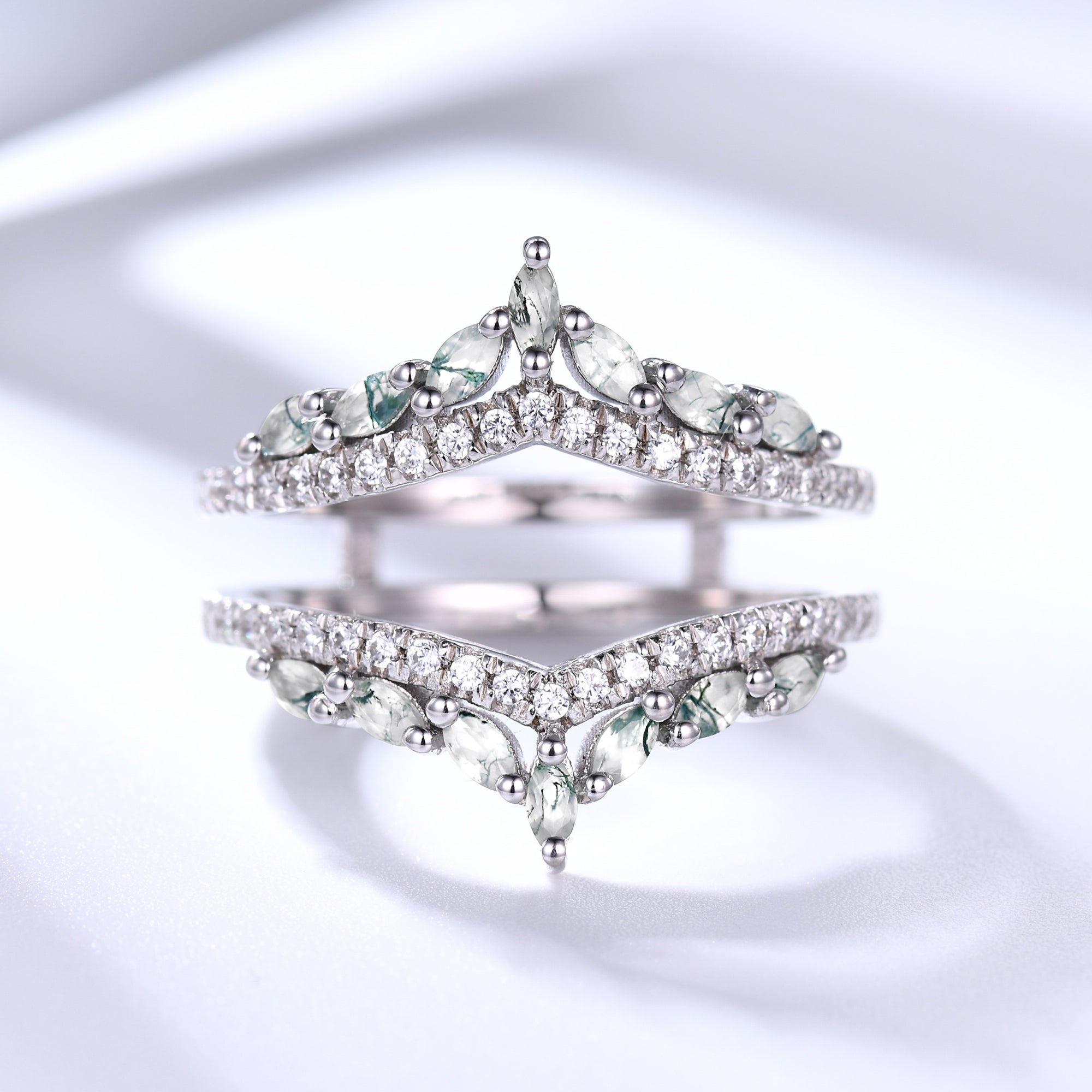 Marquise Moss Agate Chevron Wedding Ring Guard - Elegant Stackable Wedding Band for Women | Perfect for Bridal Jewelry, Anniversary Gifts & Special Occasions
