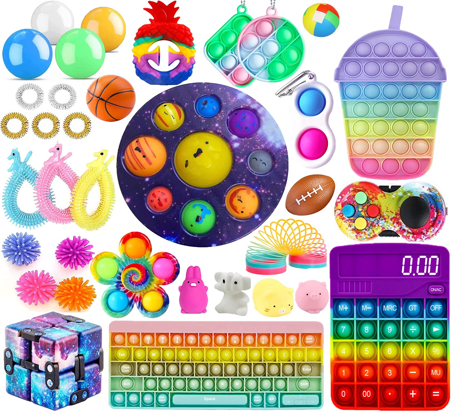 **Rainbow Calculator Keyboard & Bubble Pop Fidget Toys Set - Stress Relief & Anti-Anxiety Sensory Toys for Kids & Adults - Perfect for Halloween, Birthday, Graduation Party Gifts (Pack B) - Great for Classrooms, Offices, and Travel**
