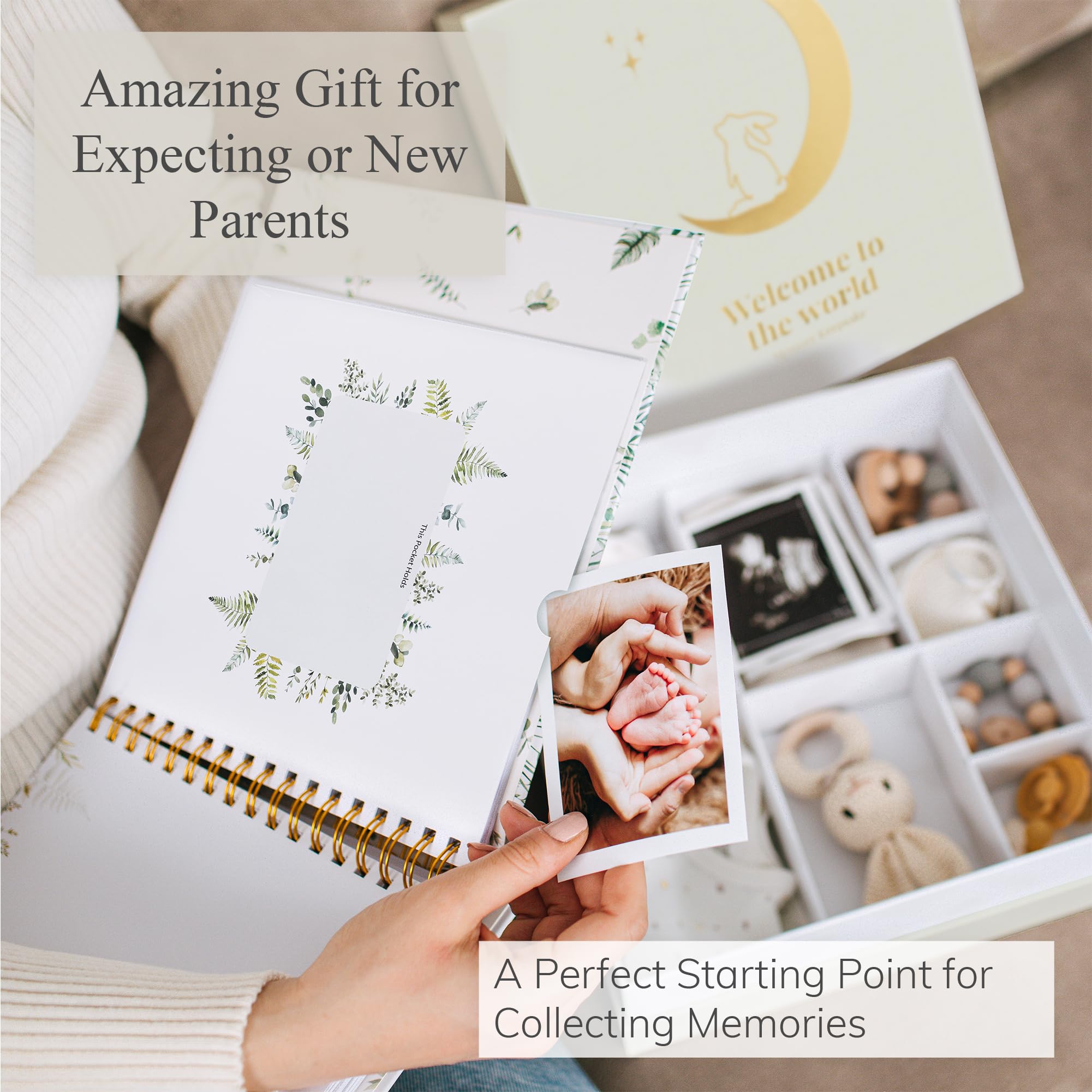 Baby Memory Book & Keepsake Box Set - Gender Neutral Baby Shower Gift for Boys and Girls - First 5 Years Milestone Journal with Photo Album (Green) - Perfect for Newborn Gifts, Christening Presents and First Birthday Celebrations